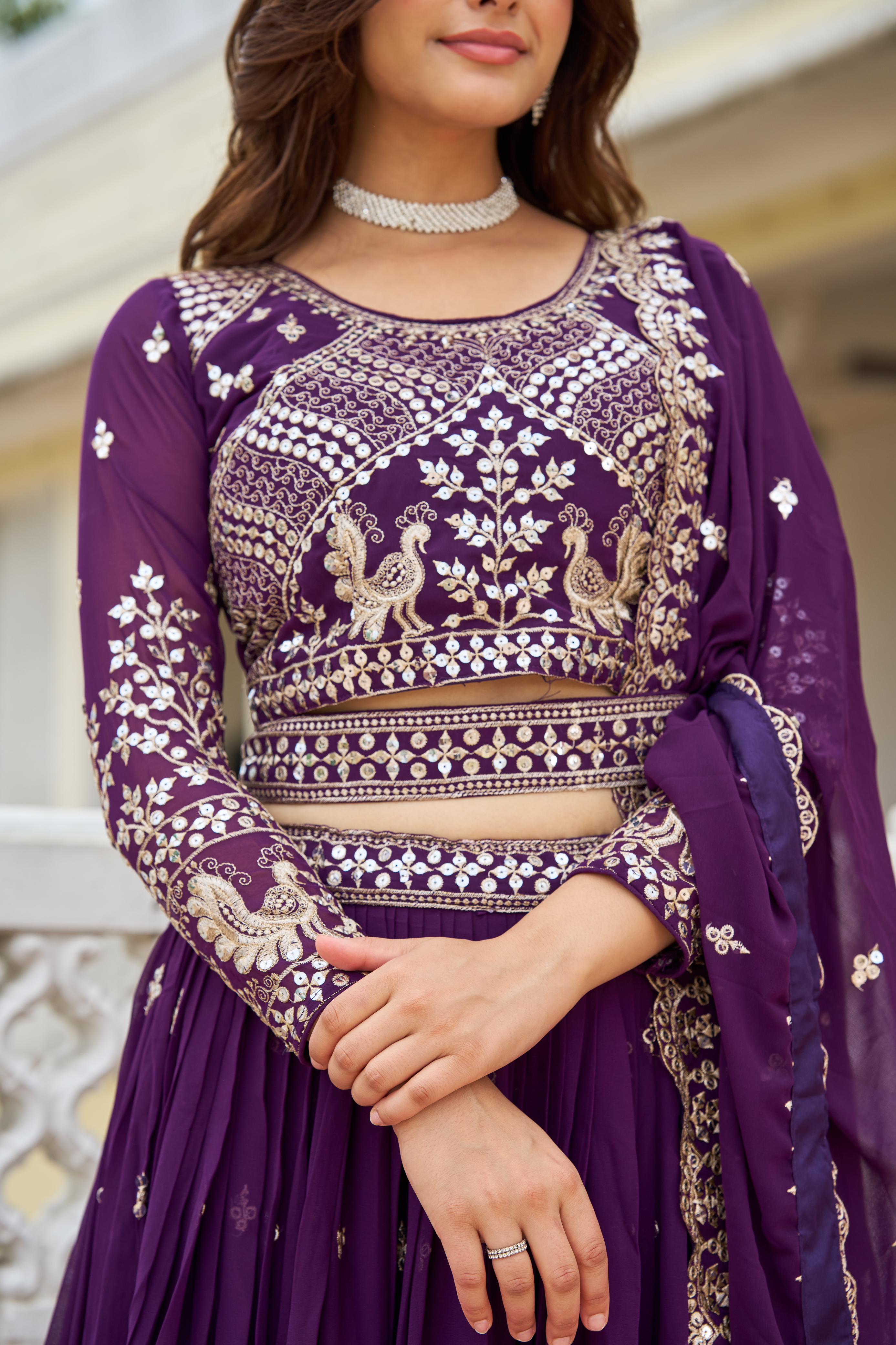 Trendy Purple Heavy Faux Georgette Embroidery 7mm Sequence Work With Belt Designer Lehenga Choli