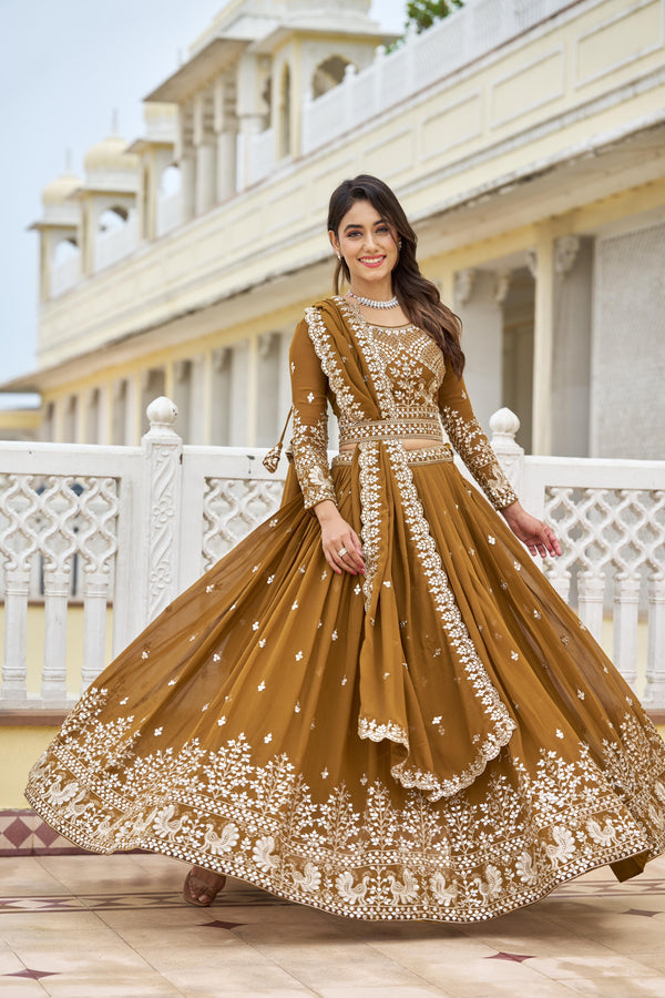 Trendy Mustard Heavy Faux Georgette Embroidery 7mm Sequence Work With Belt Designer Lehenga Choli