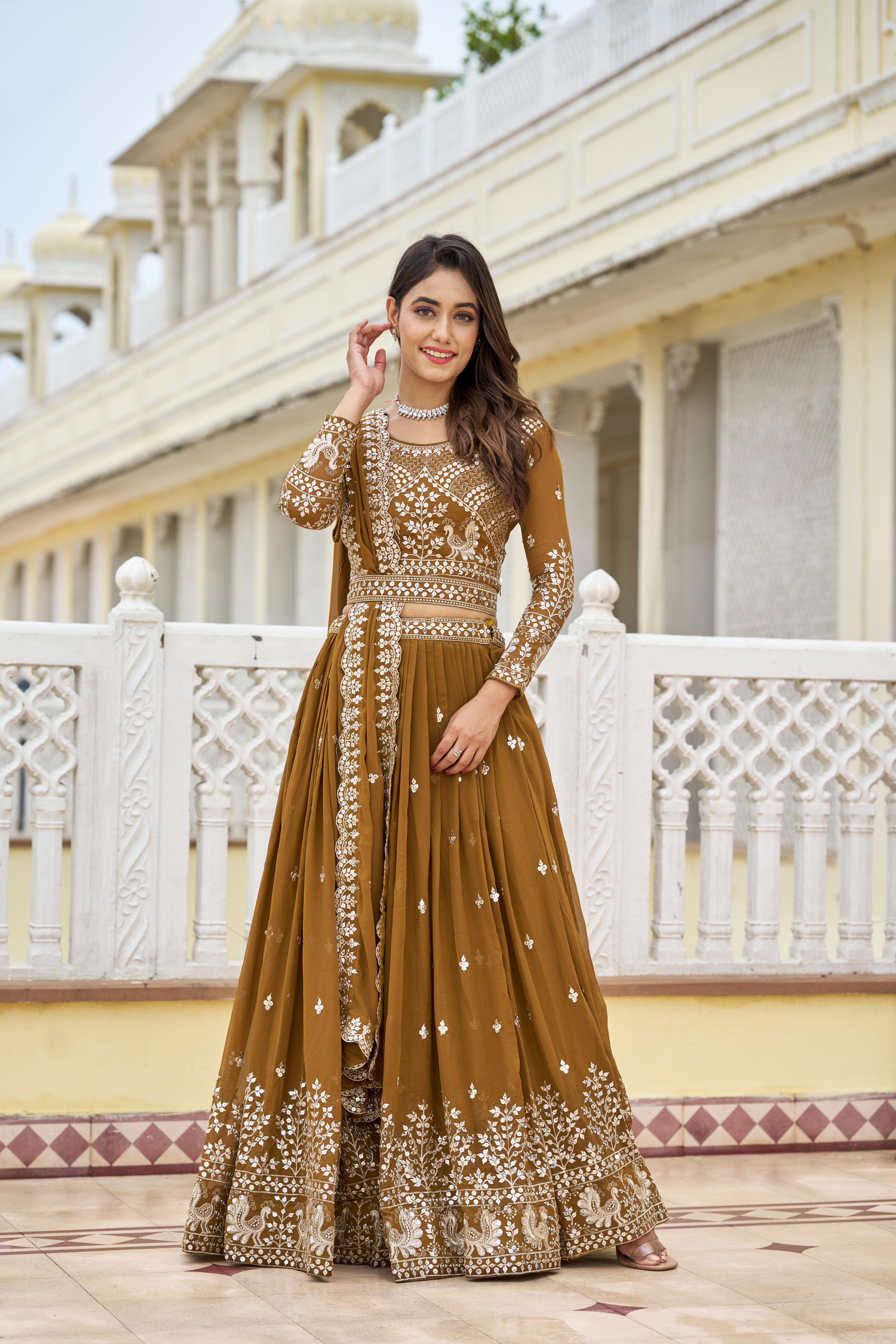 Trendy Mustard Heavy Faux Georgette Embroidery 7mm Sequence Work With Belt Designer Lehenga Choli