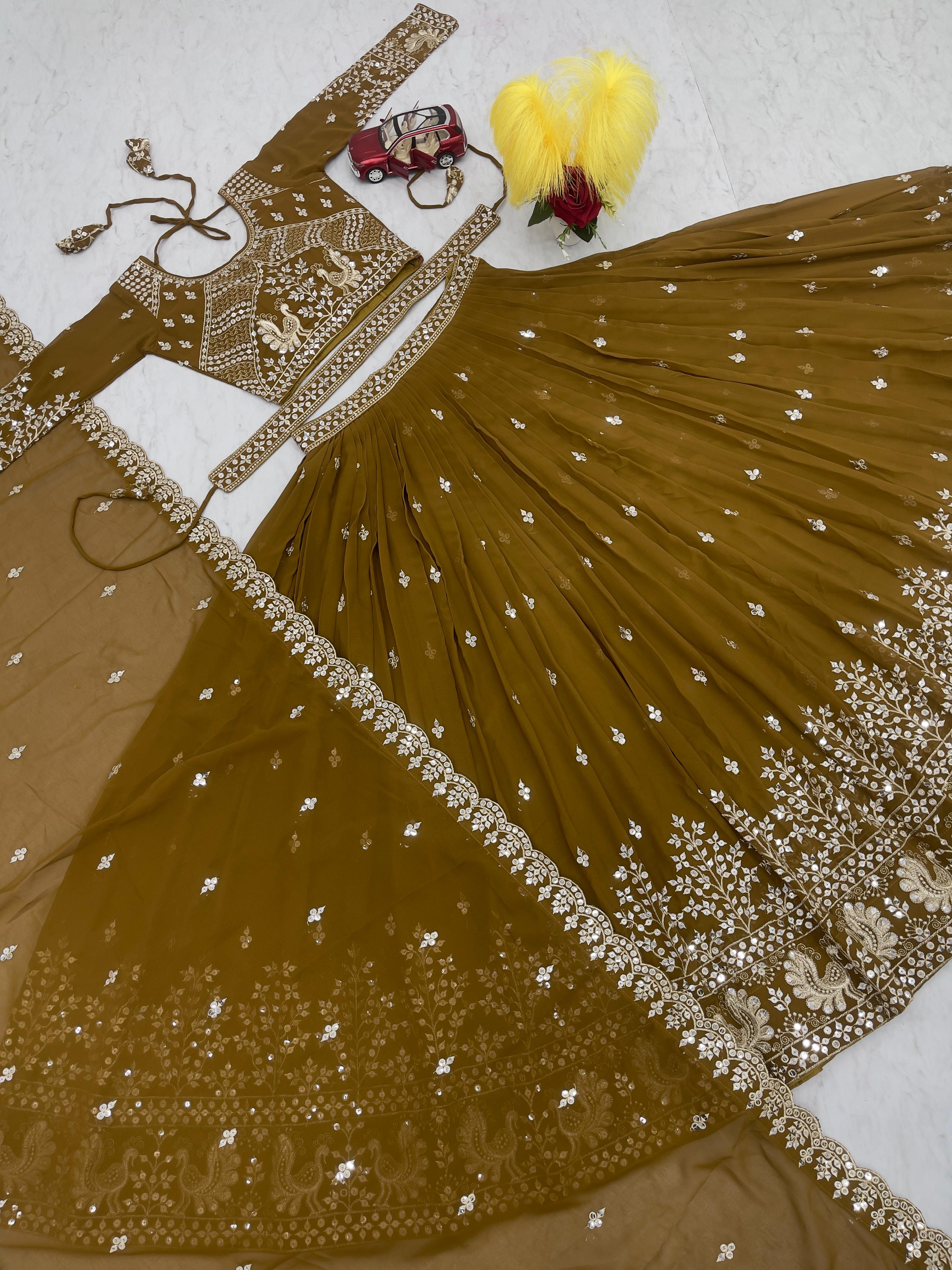 Trendy Mustard Heavy Faux Georgette Embroidery 7mm Sequence Work With Belt Designer Lehenga Choli