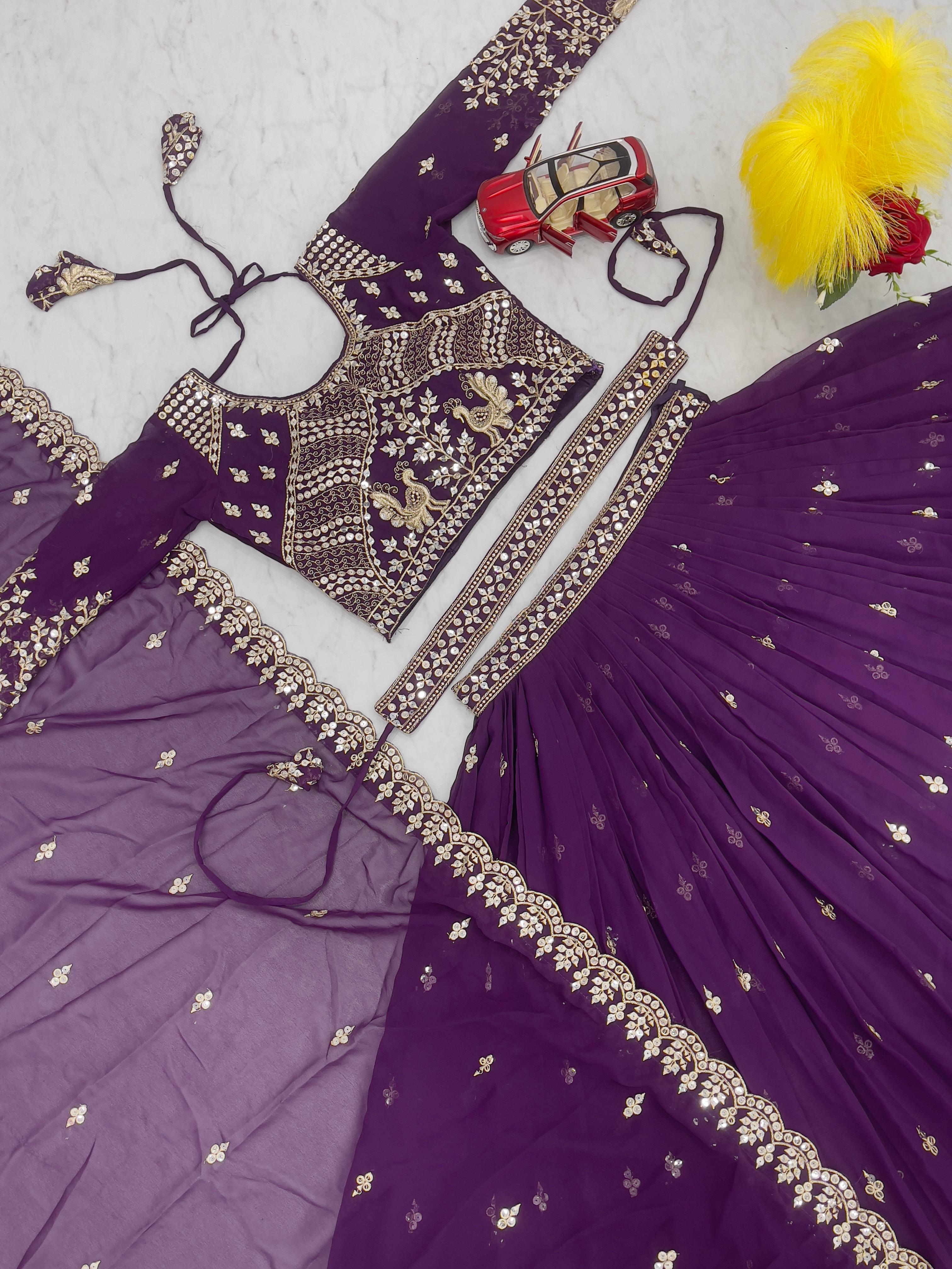 Trendy Purple Heavy Faux Georgette Embroidery 7mm Sequence Work With Belt Designer Lehenga Choli