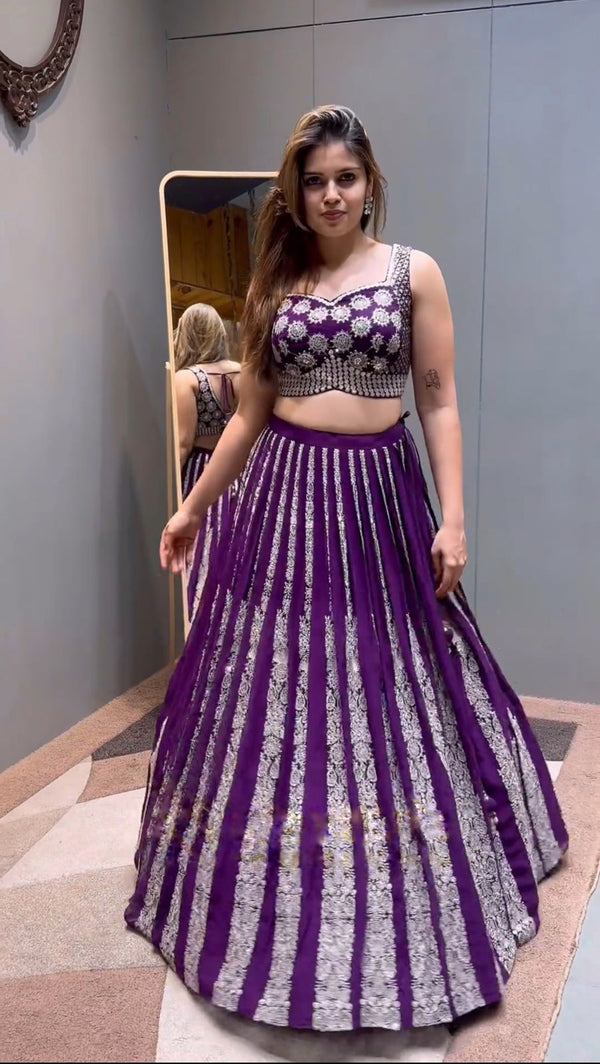 Trendy Purple Color Heavy Chinon Silk With Heavy Embroidery Sequence Work With Latkan Dori Lehenga Choli