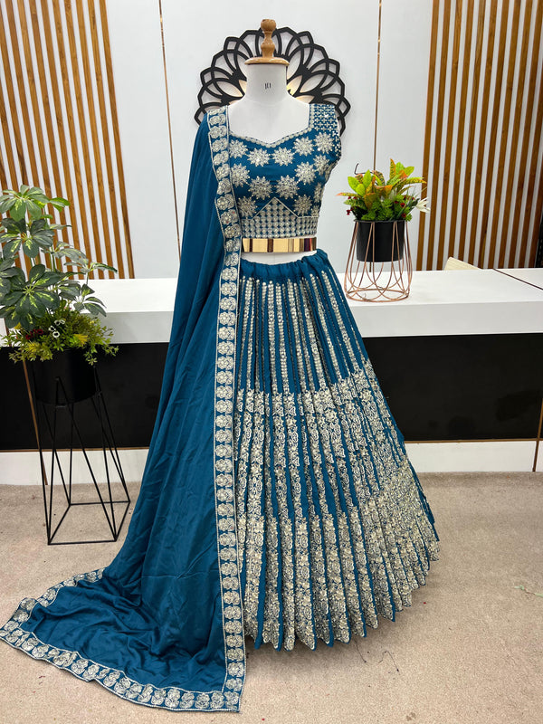 Gorgeous Teal Blue Color Heavy Chinon Silk With Heavy Embroidery Sequence Work With Latkan Dori Lehenga Choli