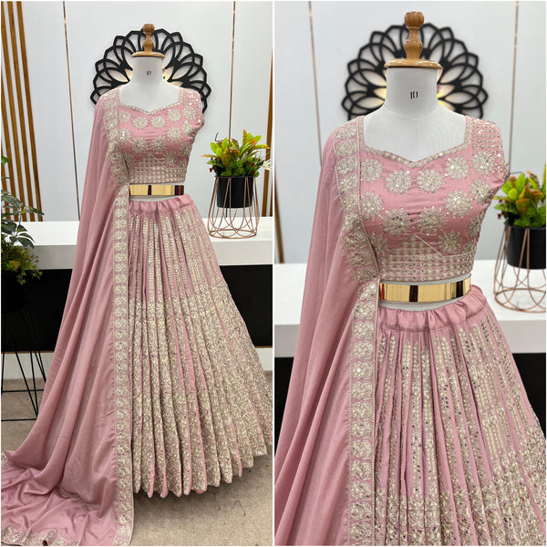 Stunning Dusty Peach Color Heavy Chinon Silk With Heavy Embroidery Sequence Work With Latkan Dori Lehenga Choli