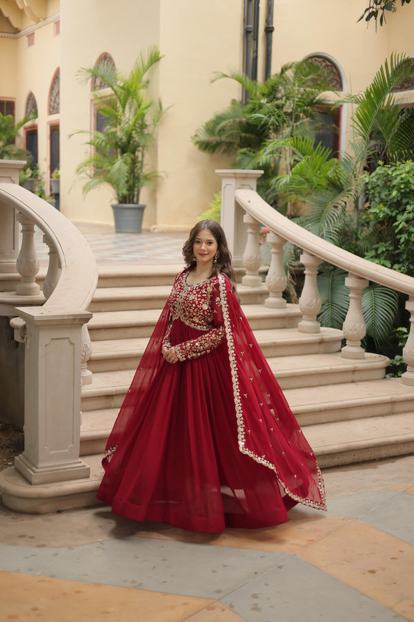 Function Wear Maroon Color Faux Blooming With Sequence Multi Zari Embroidered Work Designer Gown