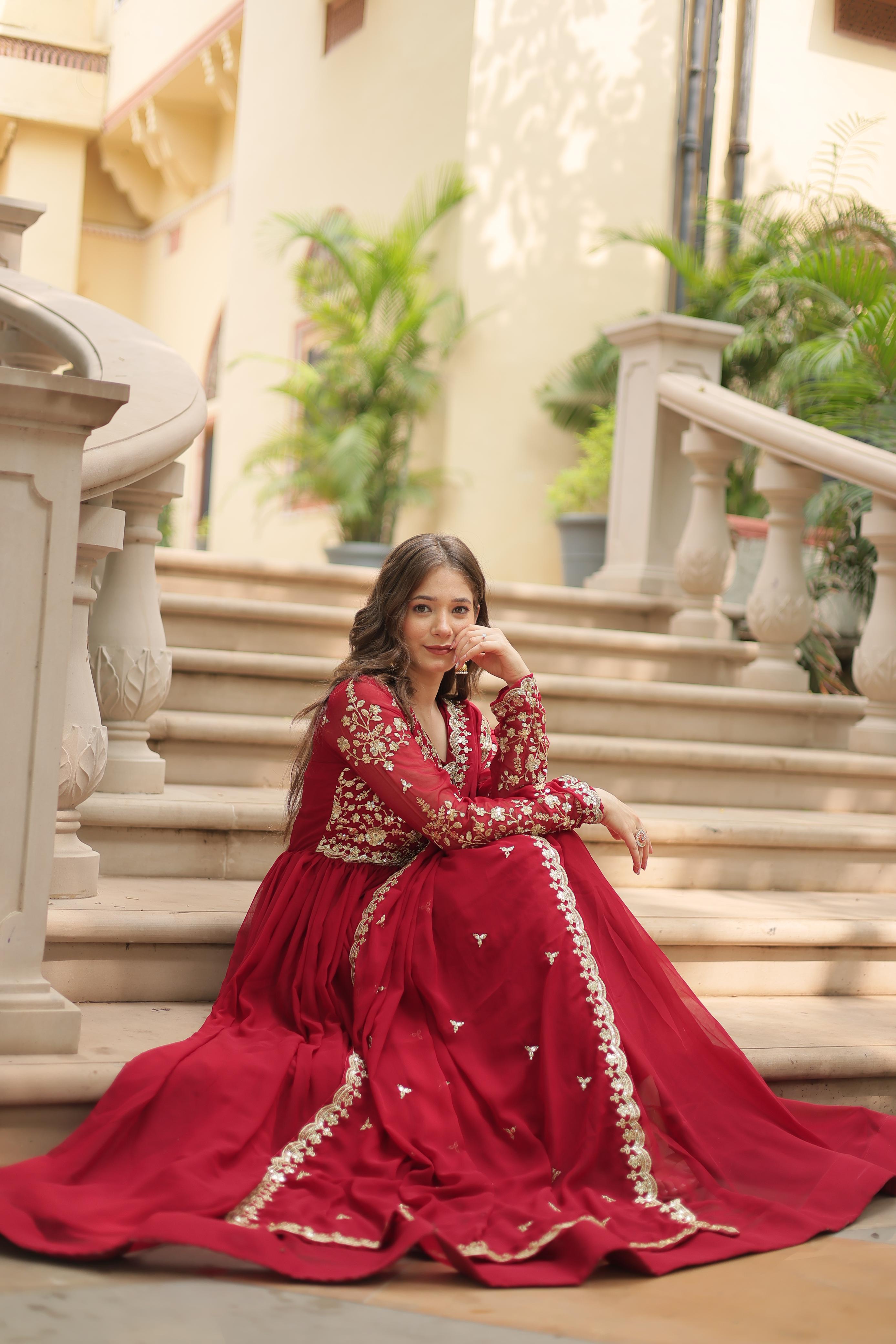 Function Wear Maroon Color Faux Blooming With Sequence Multi Zari Embroidered Work Designer Gown