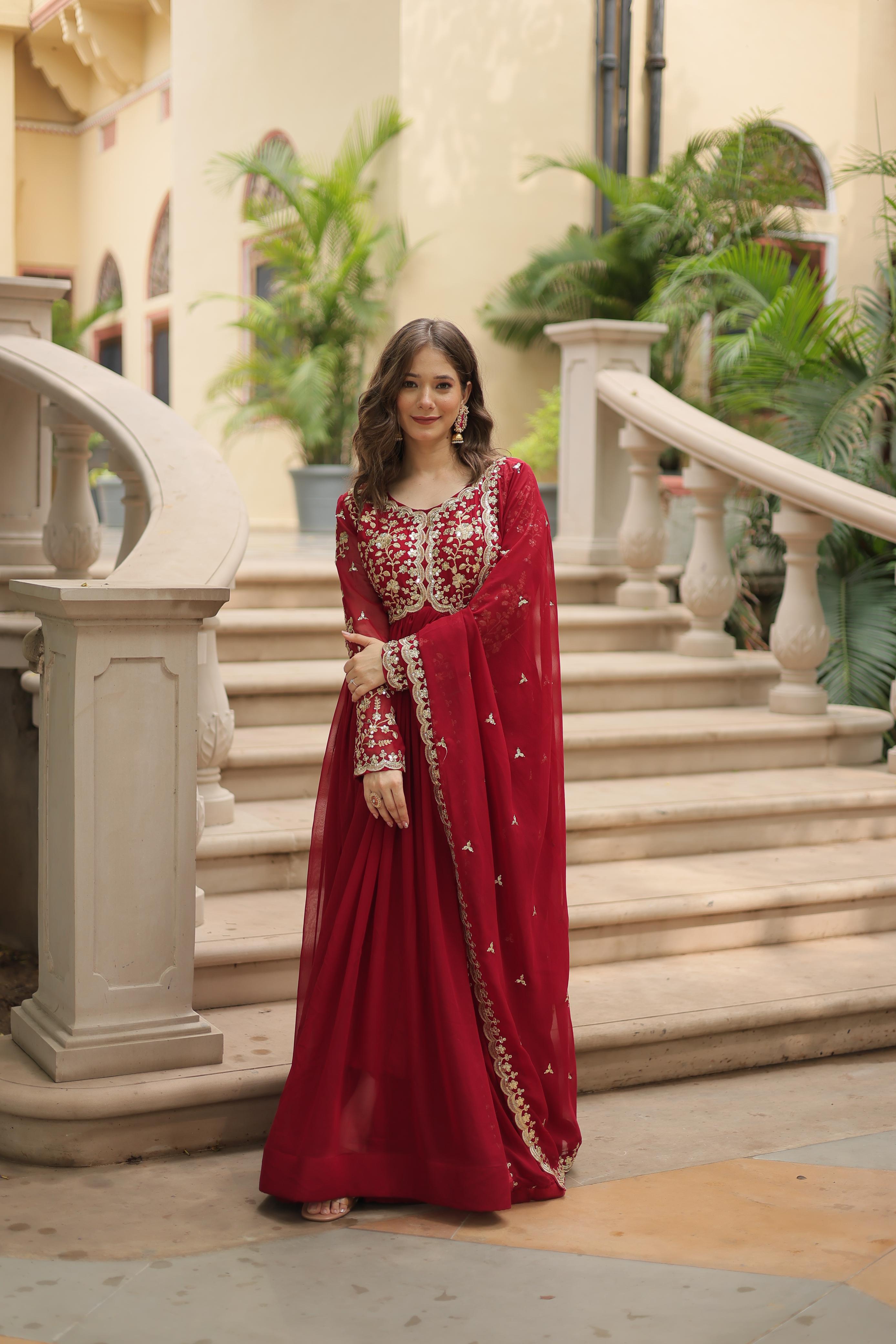 Function Wear Maroon Color Faux Blooming With Sequence Multi Zari Embroidered Work Designer Gown