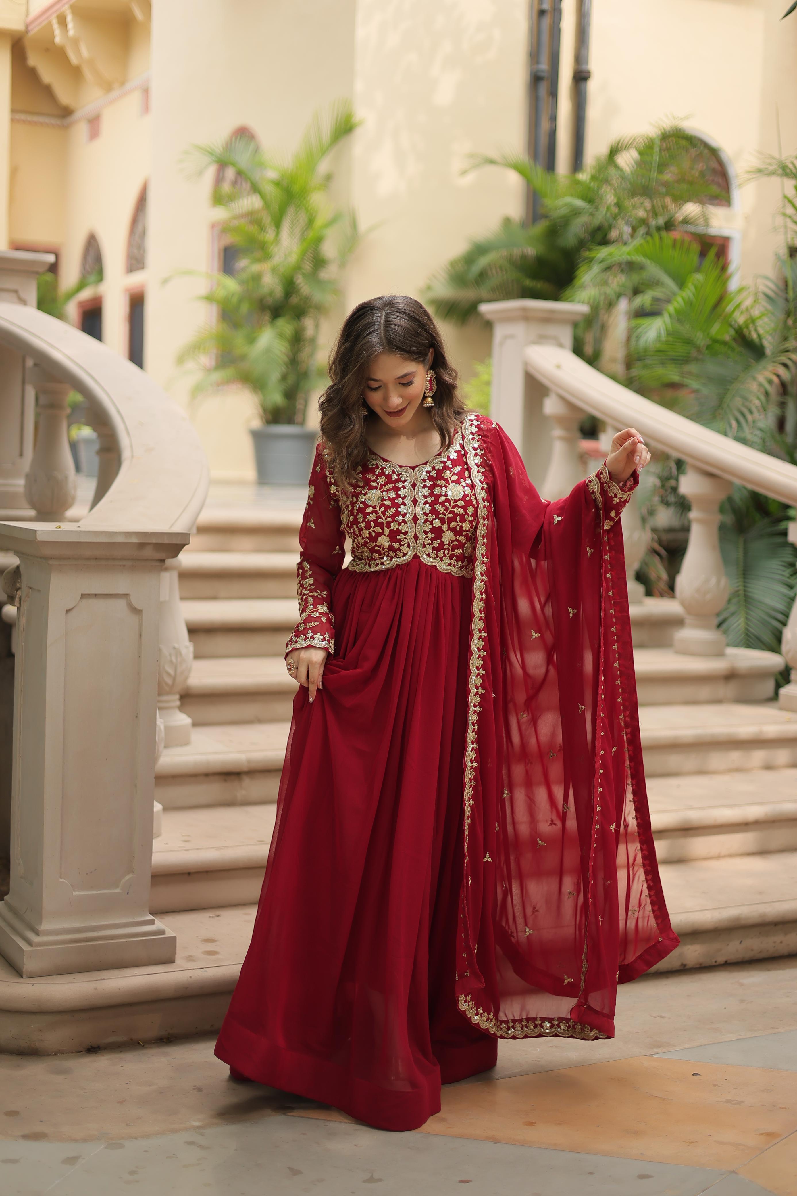 Function Wear Maroon Color Faux Blooming With Sequence Multi Zari Embroidered Work Designer Gown