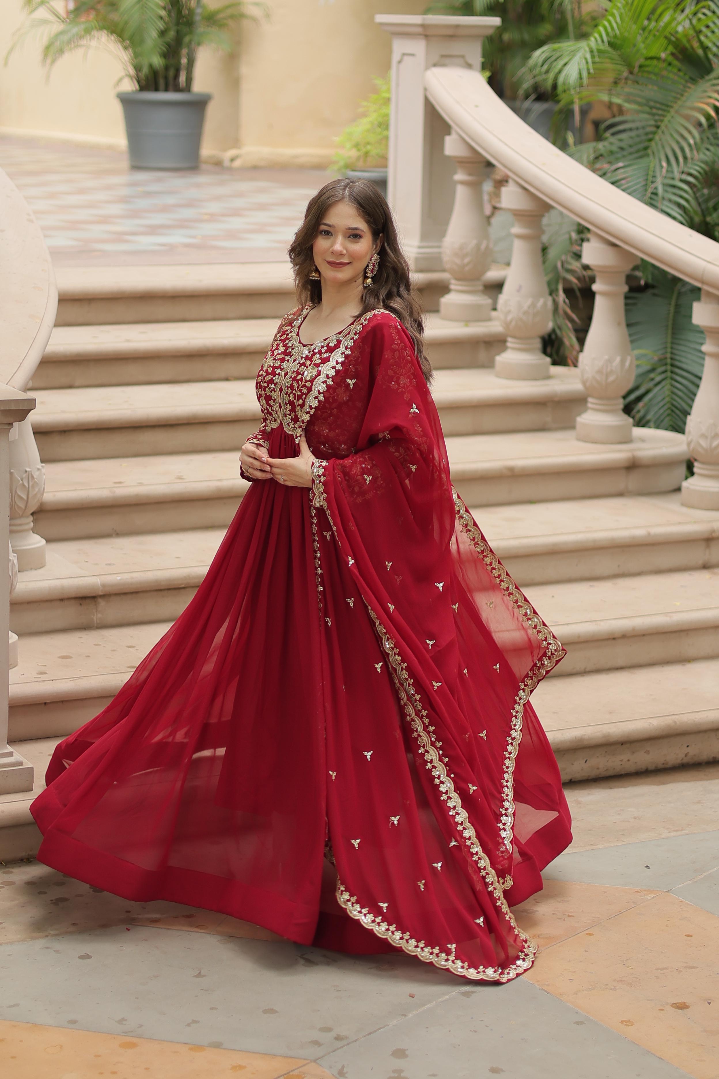 Function Wear Maroon Color Faux Blooming With Sequence Multi Zari Embroidered Work Designer Gown