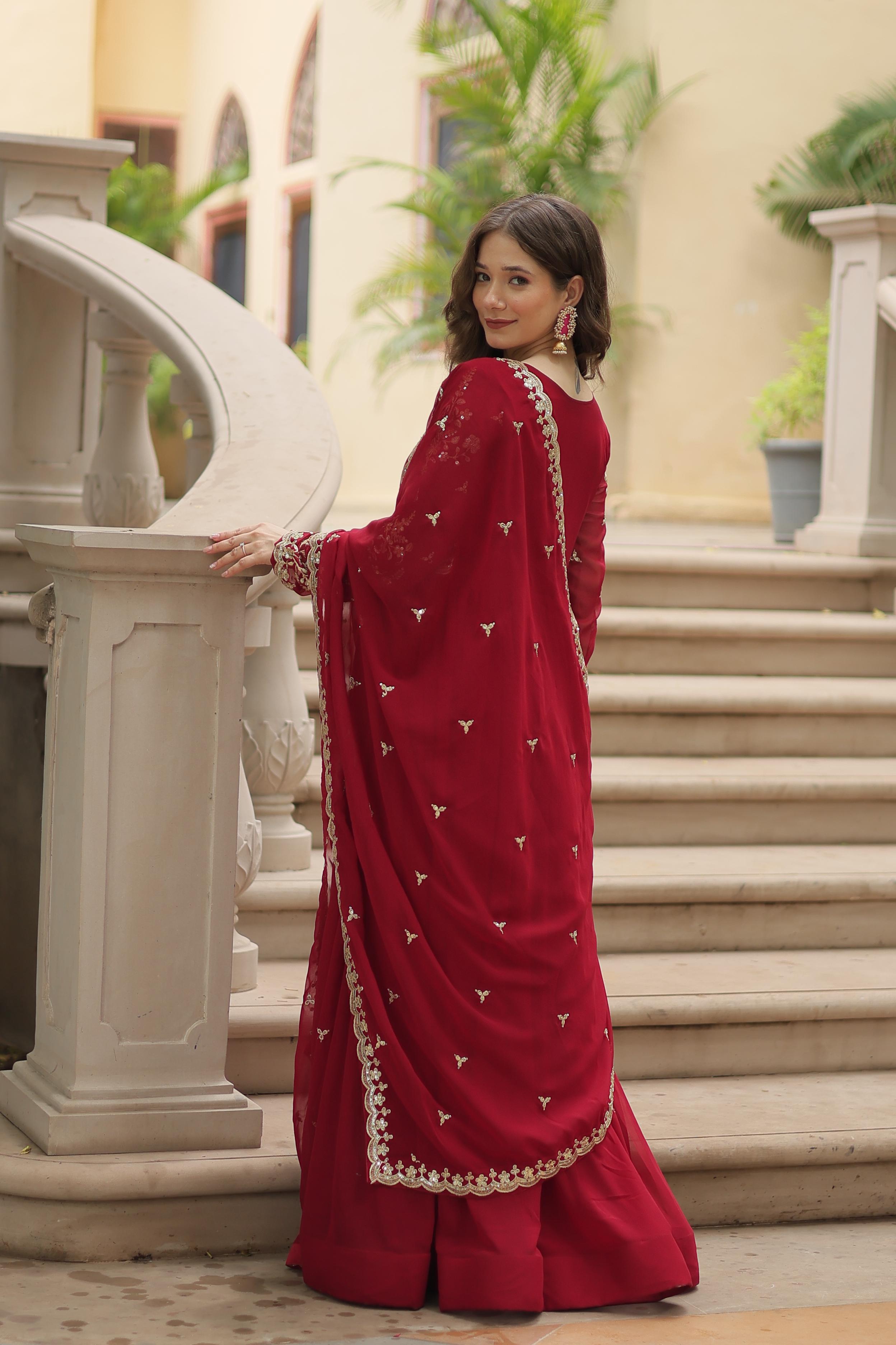 Function Wear Maroon Color Faux Blooming With Sequence Multi Zari Embroidered Work Designer Gown