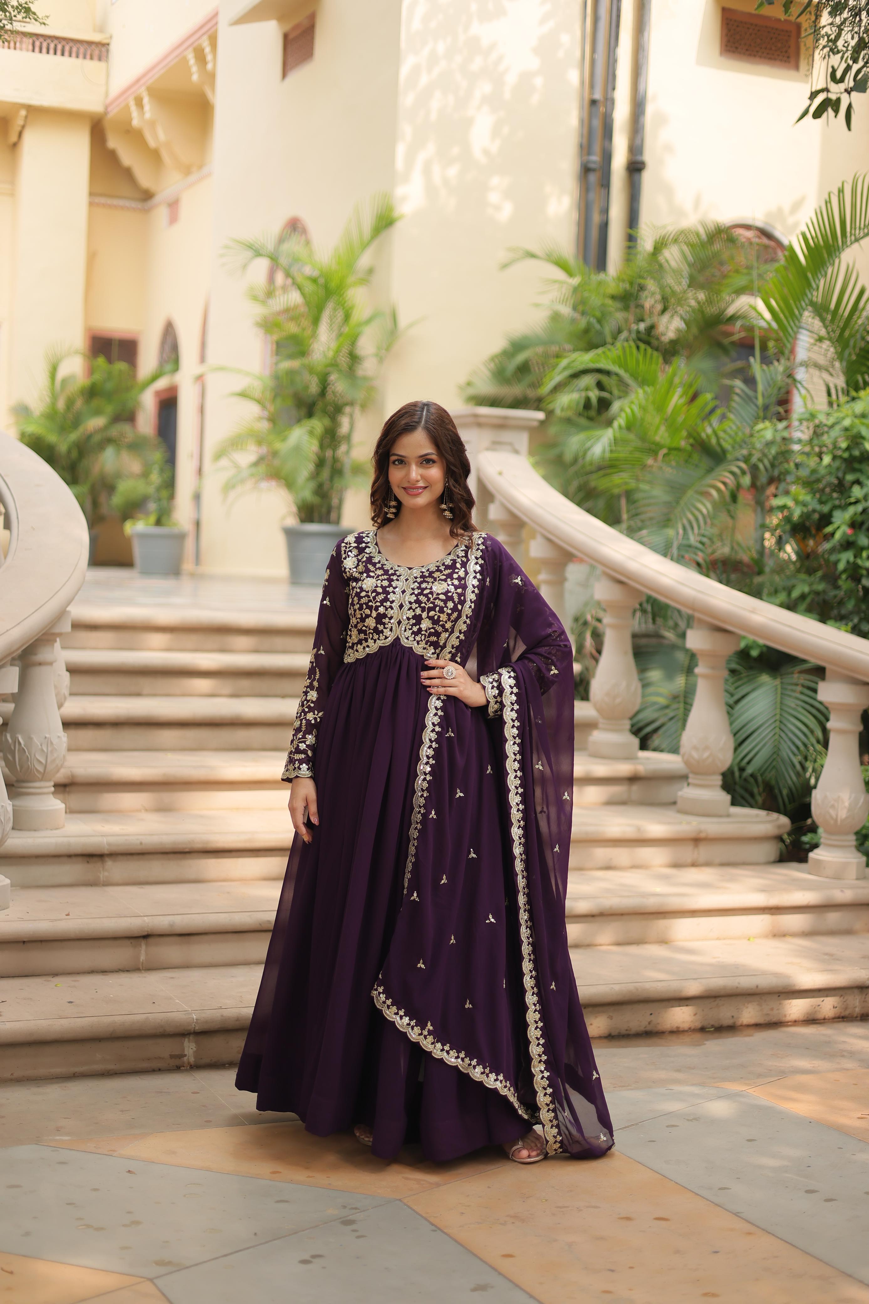 Function Wear Wine Color Faux Blooming With Sequence Multi Zari Embroidered Work Designer Gown