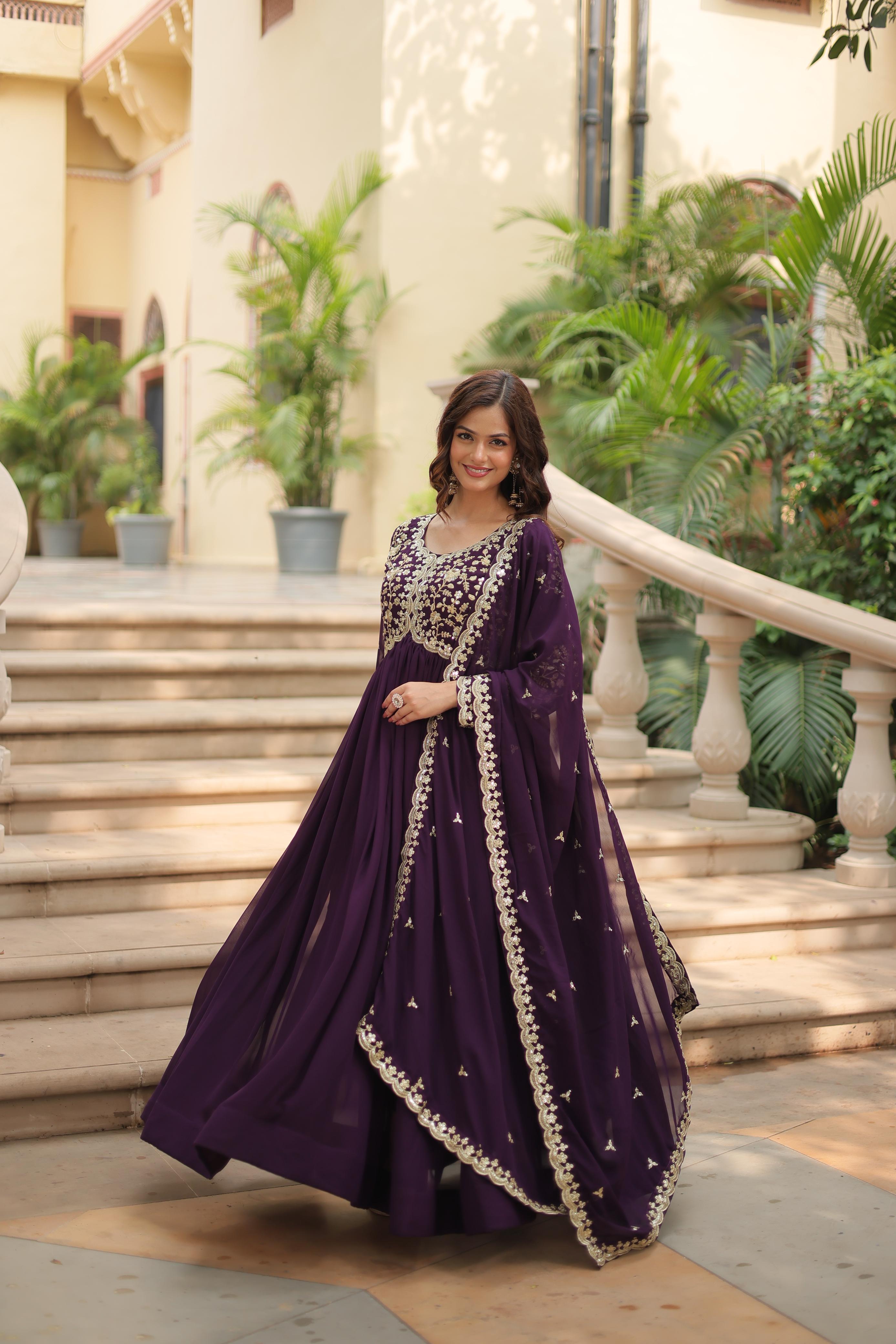 Function Wear Wine Color Faux Blooming With Sequence Multi Zari Embroidered Work Designer Gown