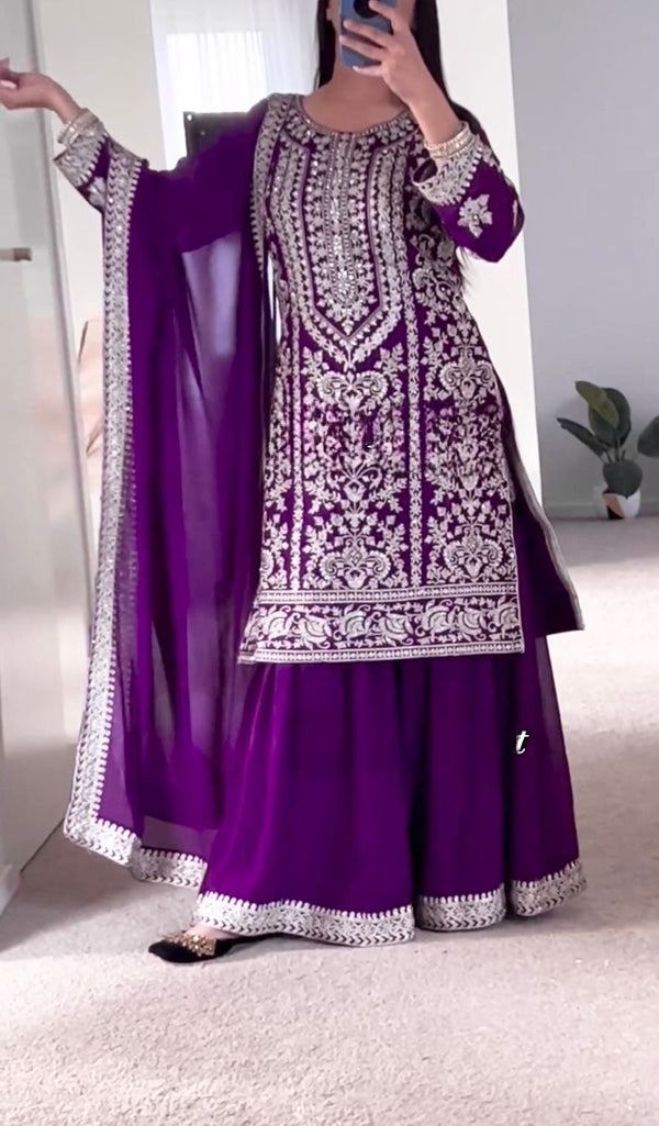 Designer Purple Color Heavy Faux Georgette With 5mm Sequence Embroidery Work Sharara Suit