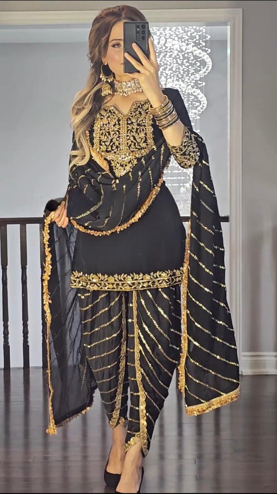 Party Wear Black Color Heavy Pure Chinon With Heavy Embroidery 5mm Sequence Work Dhoti Suit