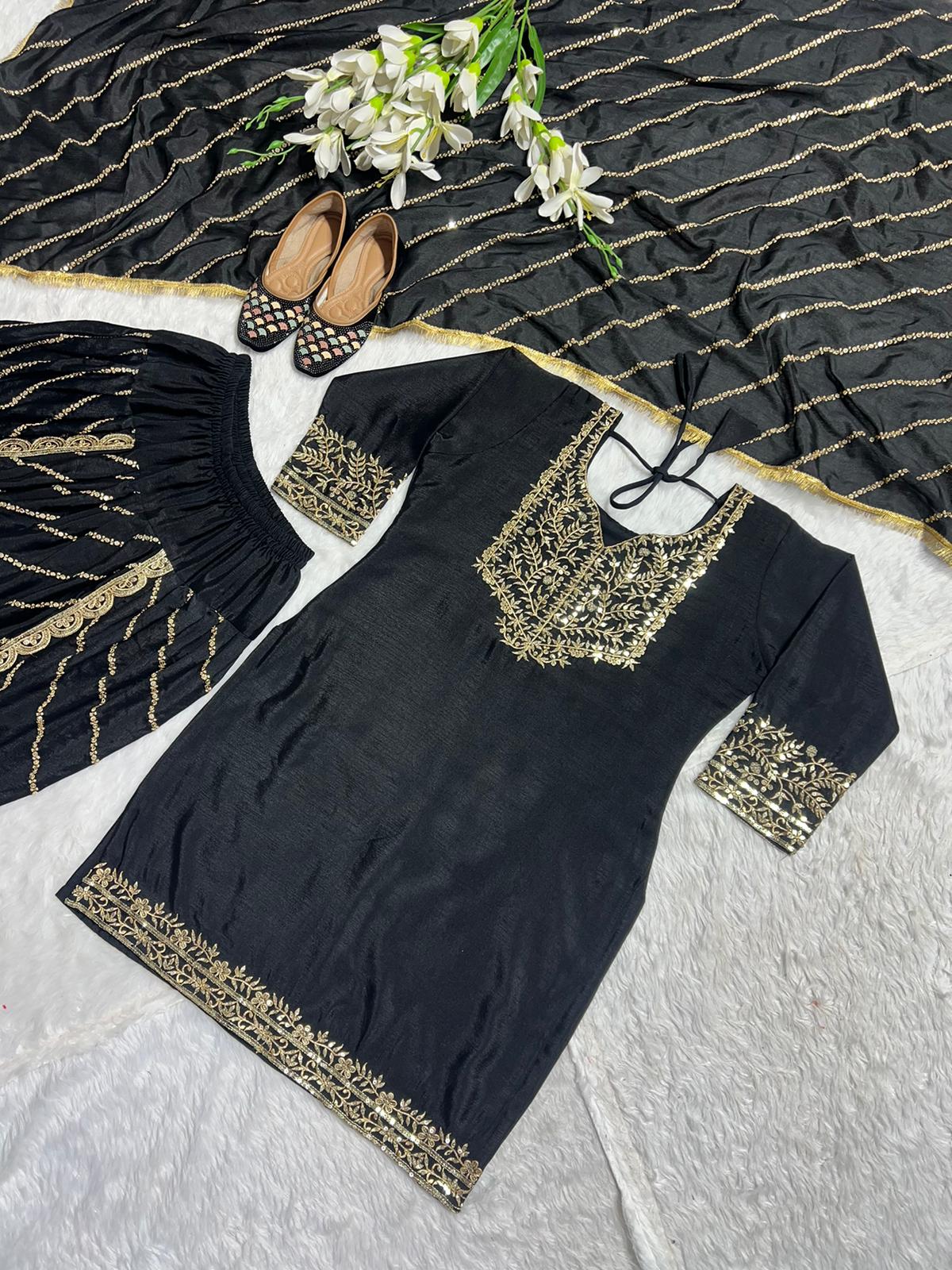 Party Wear Black Color Heavy Pure Chinon With Heavy Embroidery 5mm Sequence Work Dhoti Suit