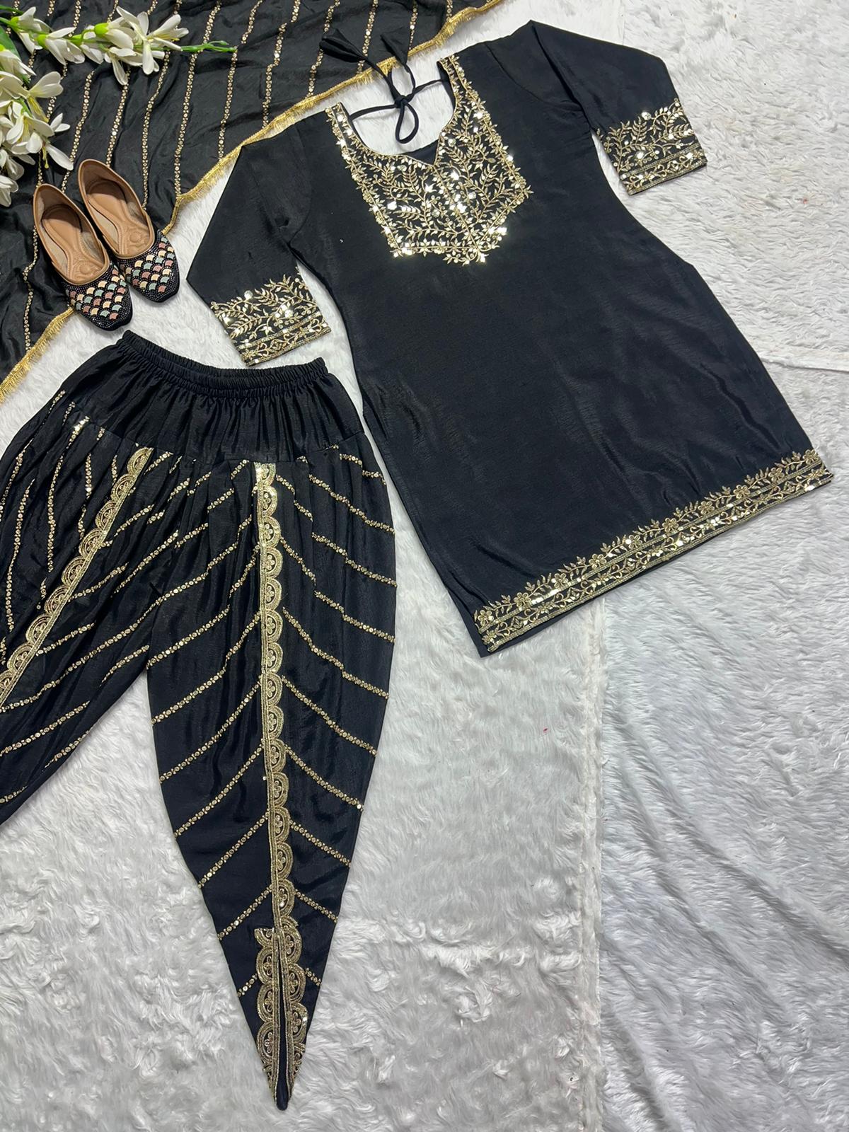 Party Wear Black Color Heavy Pure Chinon With Heavy Embroidery 5mm Sequence Work Dhoti Suit