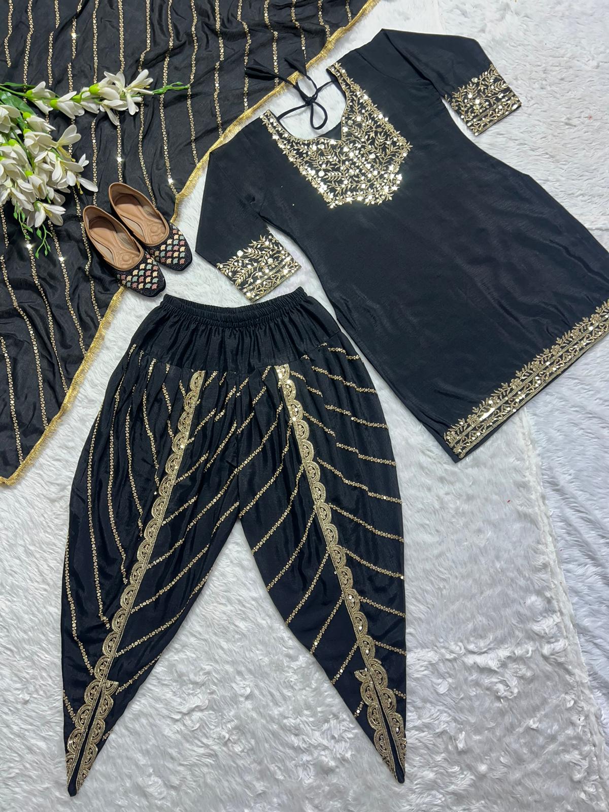 Party Wear Black Color Heavy Pure Chinon With Heavy Embroidery 5mm Sequence Work Dhoti Suit