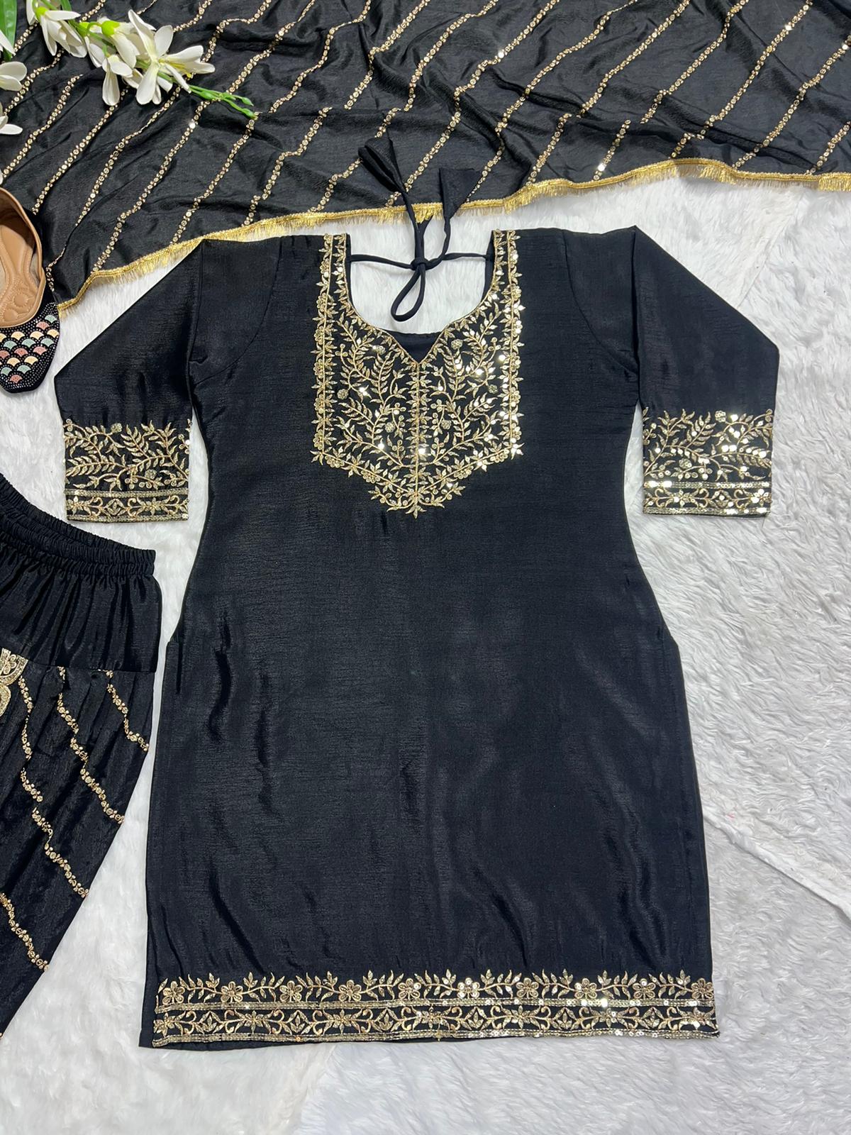 Party Wear Black Color Heavy Pure Chinon With Heavy Embroidery 5mm Sequence Work Dhoti Suit