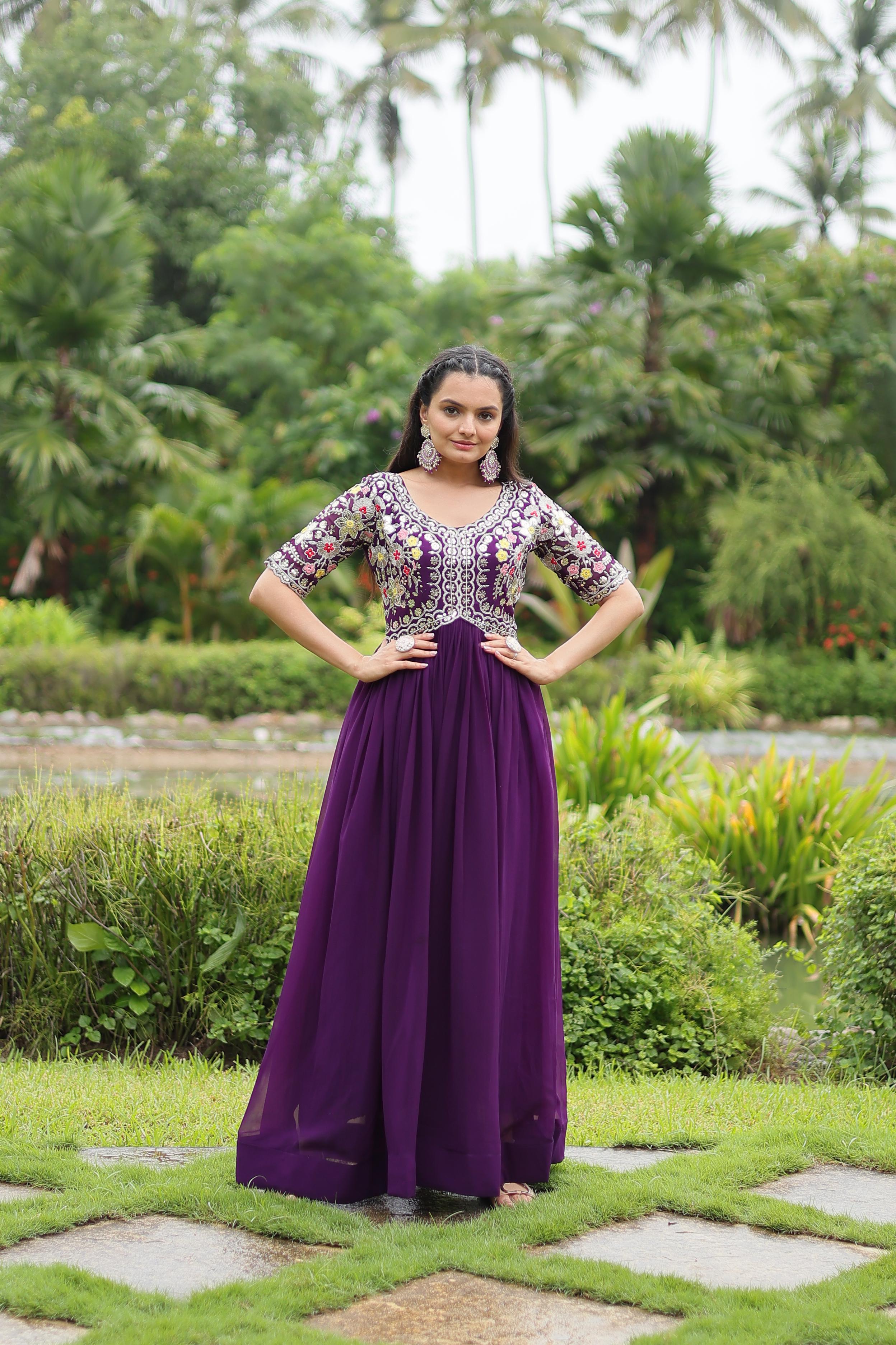 Party Wear Purple Color Faux Blooming With Embroidery Zari Sequence Work Designer Gown