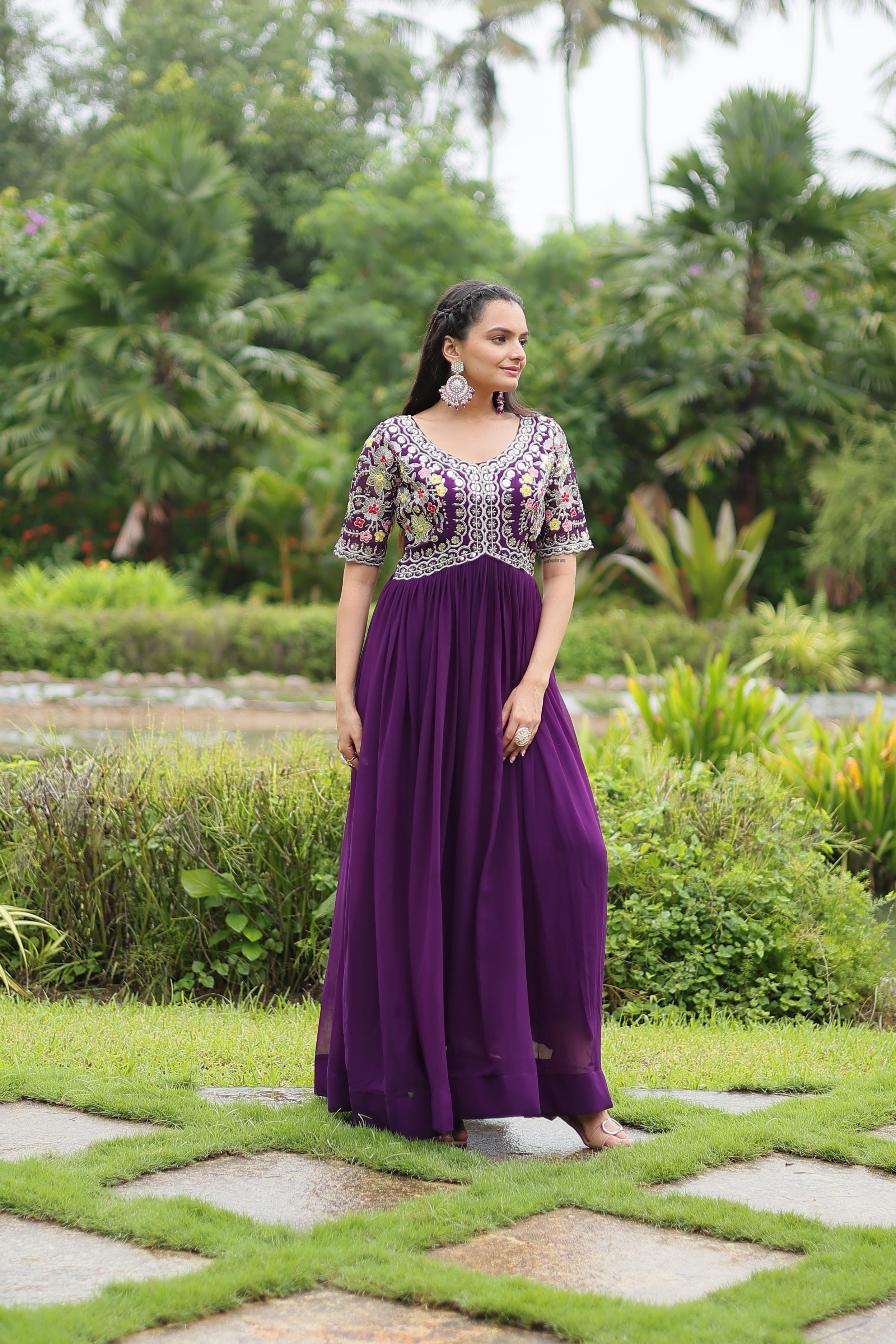 Party Wear Purple Color Faux Blooming With Embroidery Zari Sequence Work Designer Gown