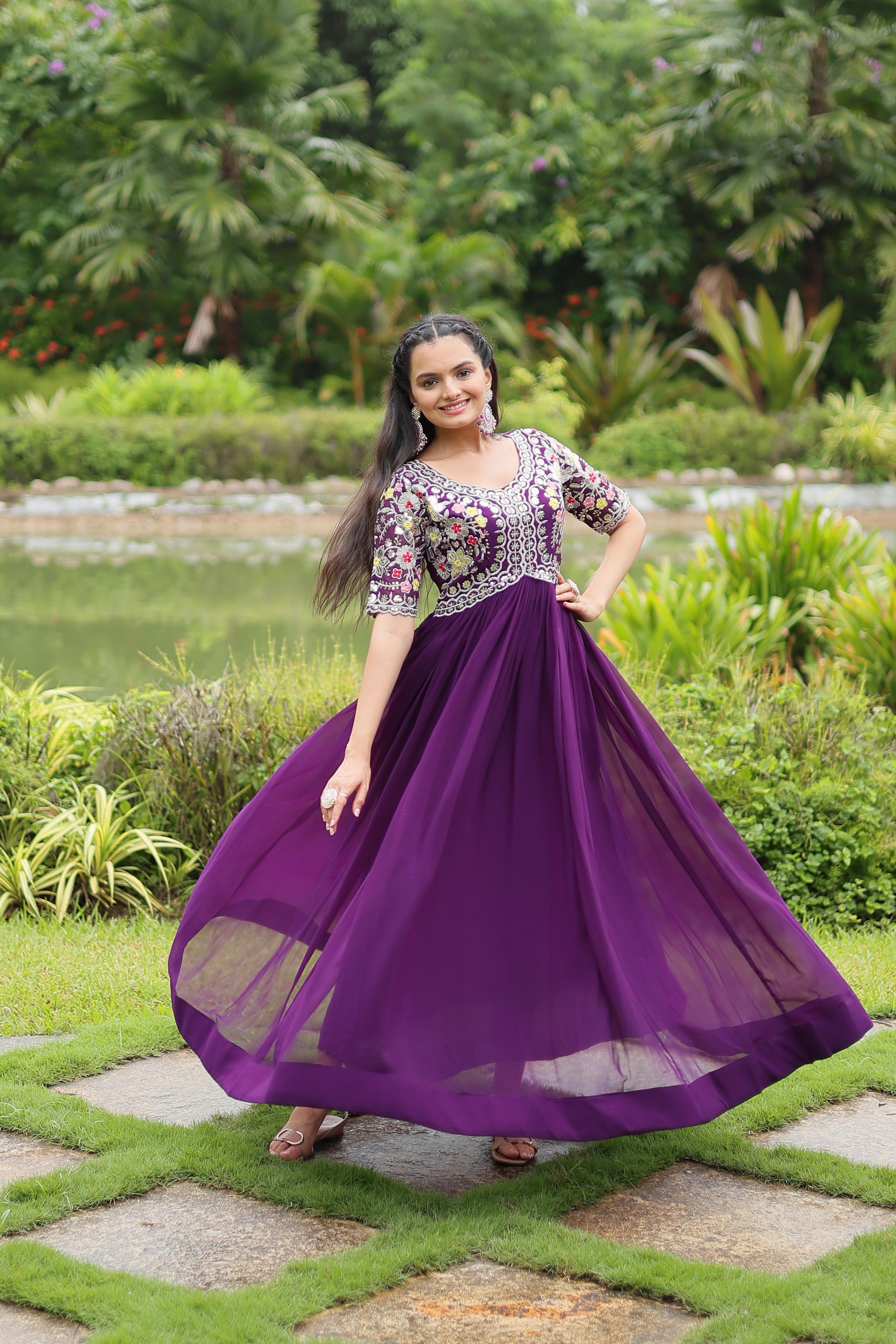 Party Wear Purple Color Faux Blooming With Embroidery Zari Sequence Work Designer Gown