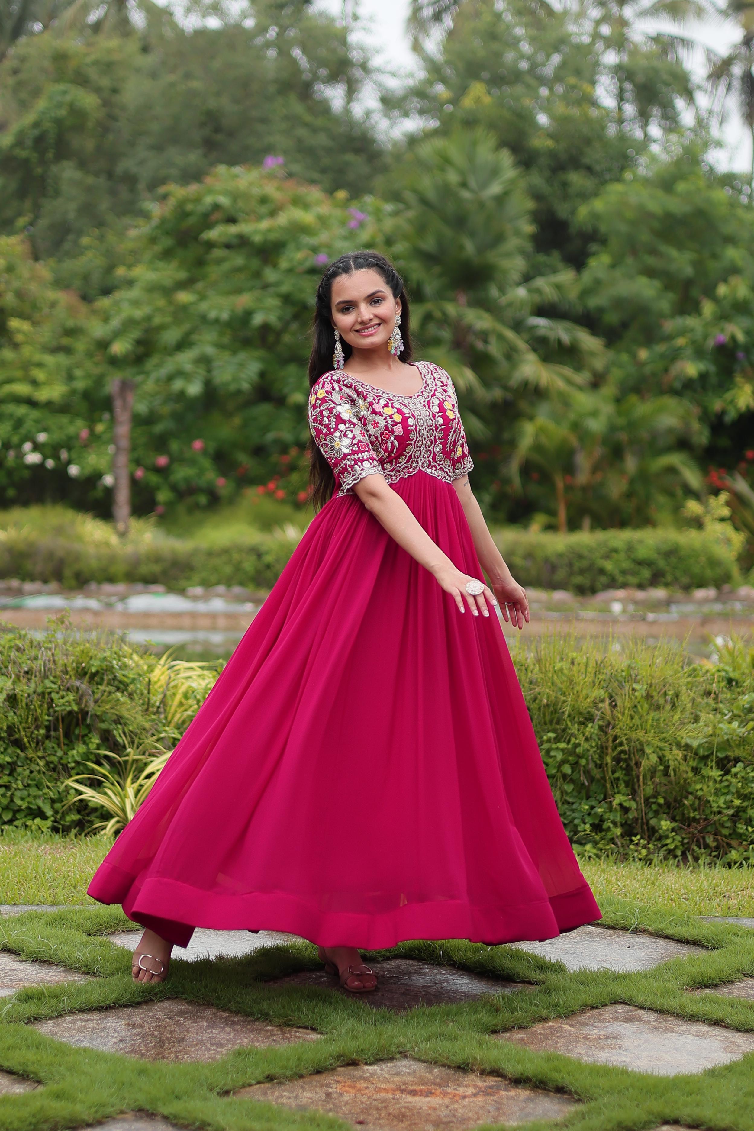 Party Wear Pink Color Faux Blooming With Embroidery Zari Sequence Work Designer Gown