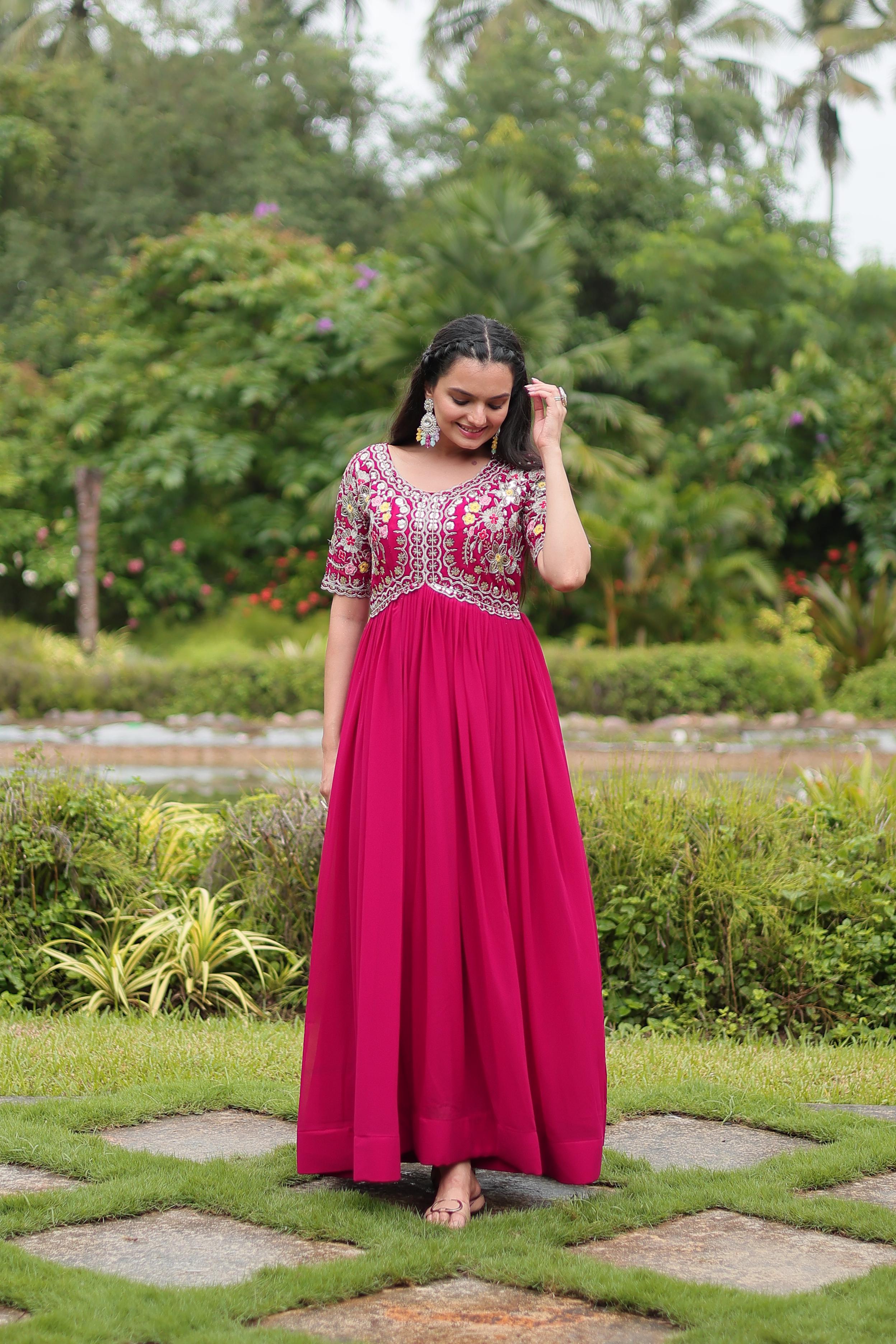 Party Wear Pink Color Faux Blooming With Embroidery Zari Sequence Work Designer Gown