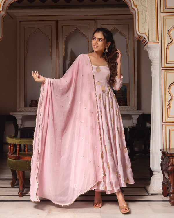 Eyes Catching Peach Color Heavy Faux Georgette With Embroidery Work Designer Anarkali Suit