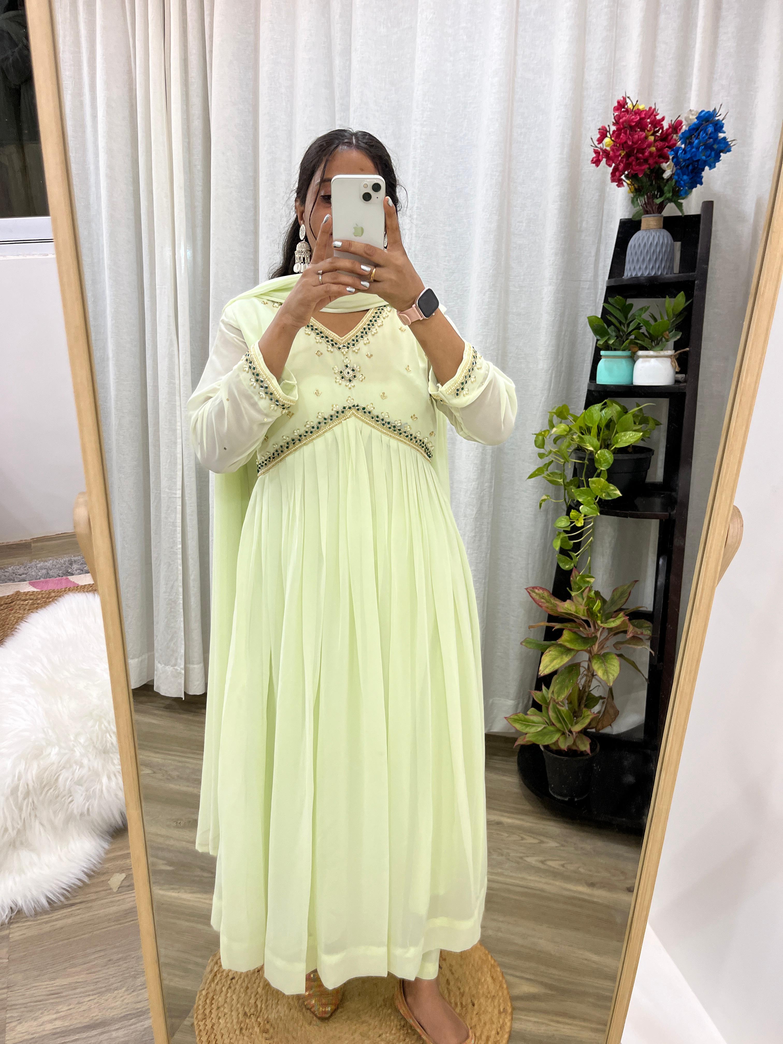 Fabulous Light Green Color Heavy Faux Georgette Designer Gown