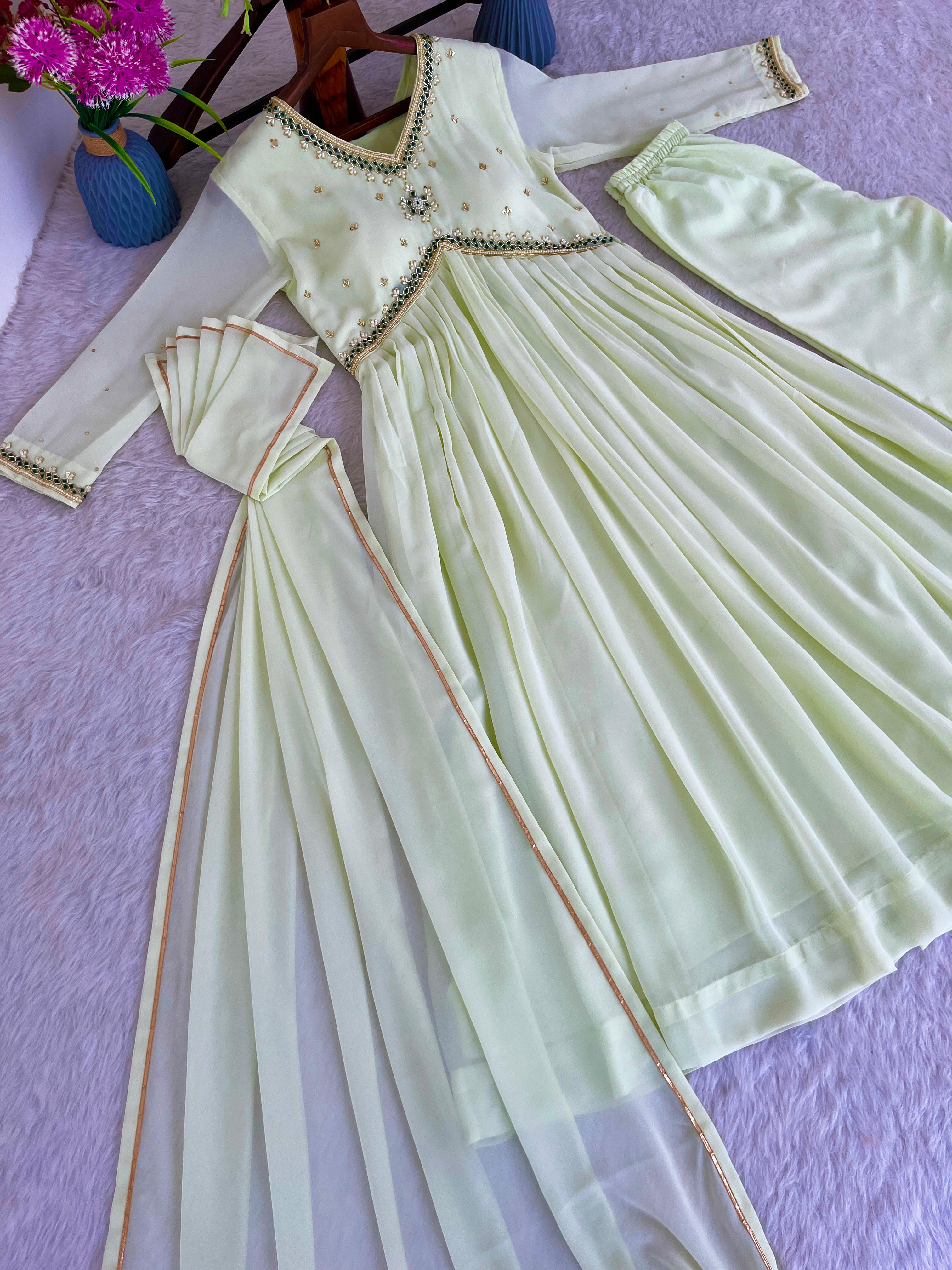 Fabulous Light Green Color Heavy Faux Georgette Designer Gown