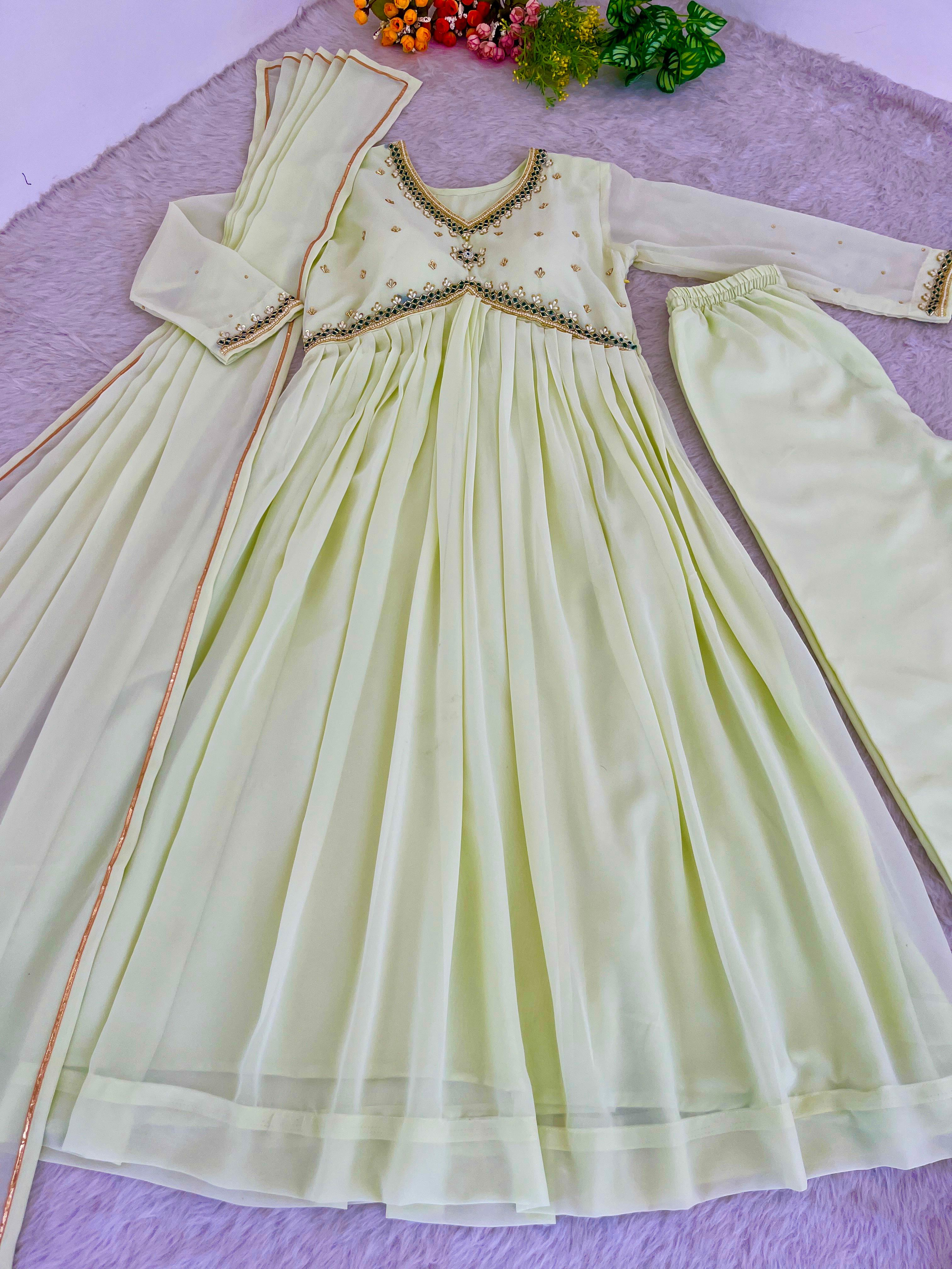 Fabulous Light Green Color Heavy Faux Georgette Designer Gown