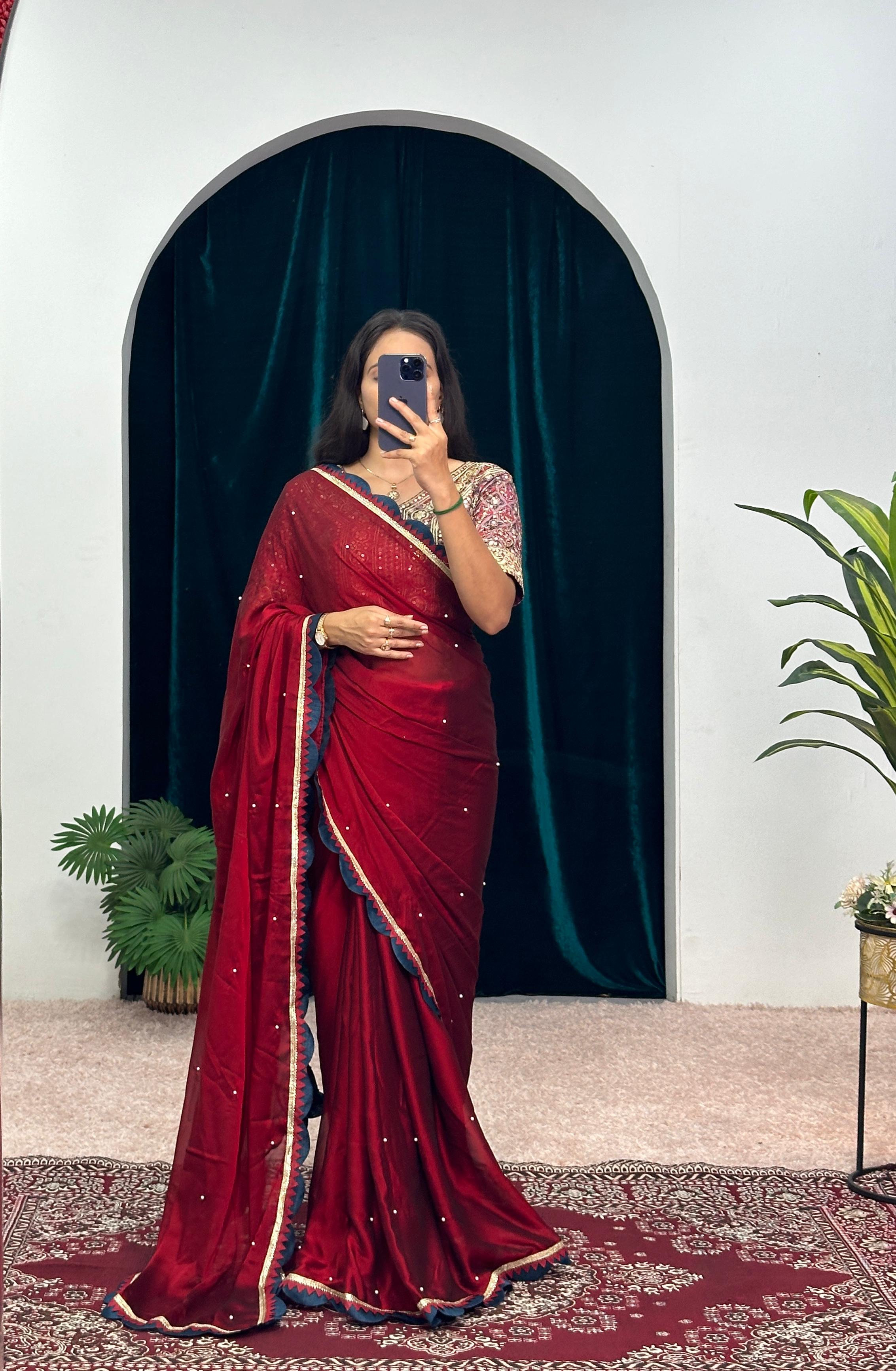 Bollywood Wear Maroon Color Blooming Rangoli With Pearl Moti Work Designer Saree