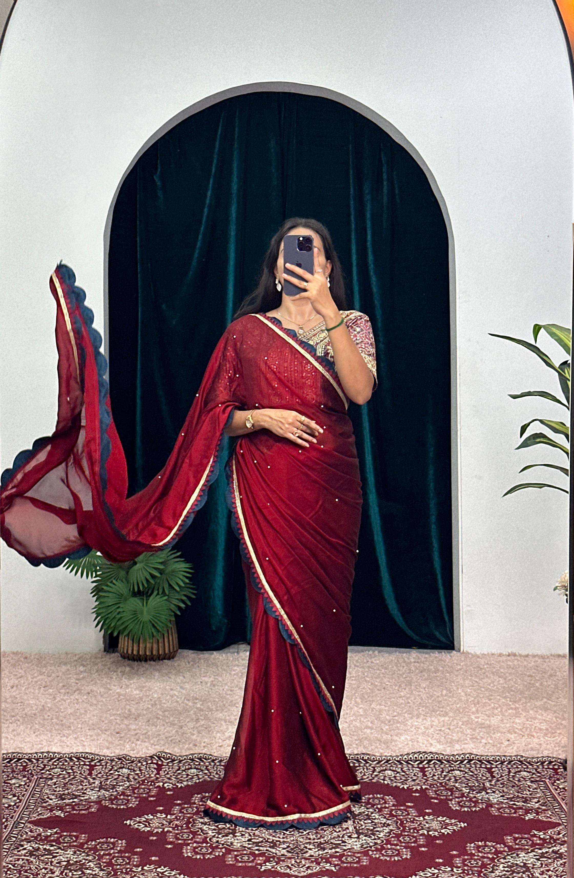 Bollywood Wear Maroon Color Blooming Rangoli With Pearl Moti Work Designer Saree