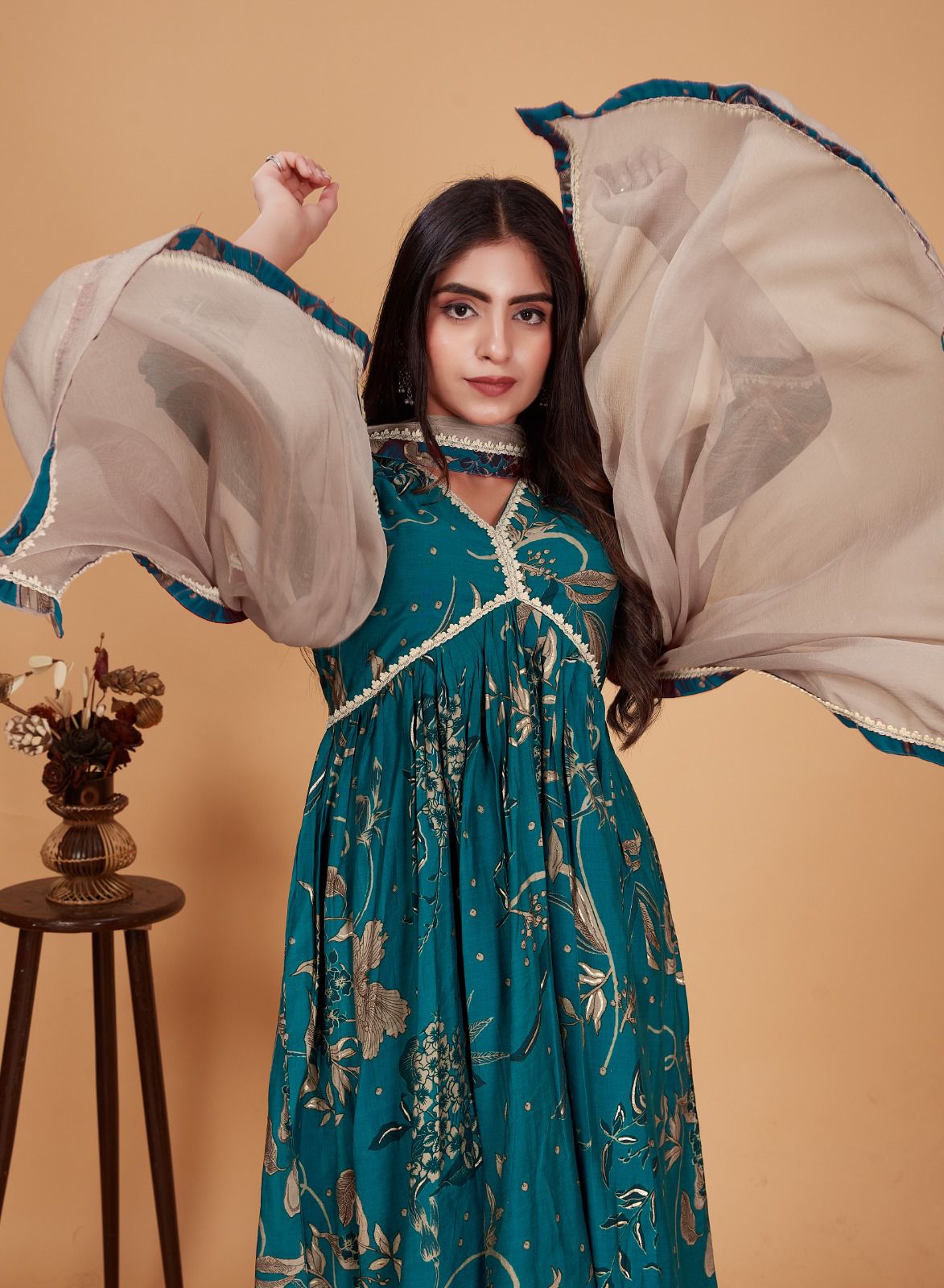 Innovative Teal Green Color Pure Viscose Chanderi Mill Printed Wedding Wear Anarkali Suit