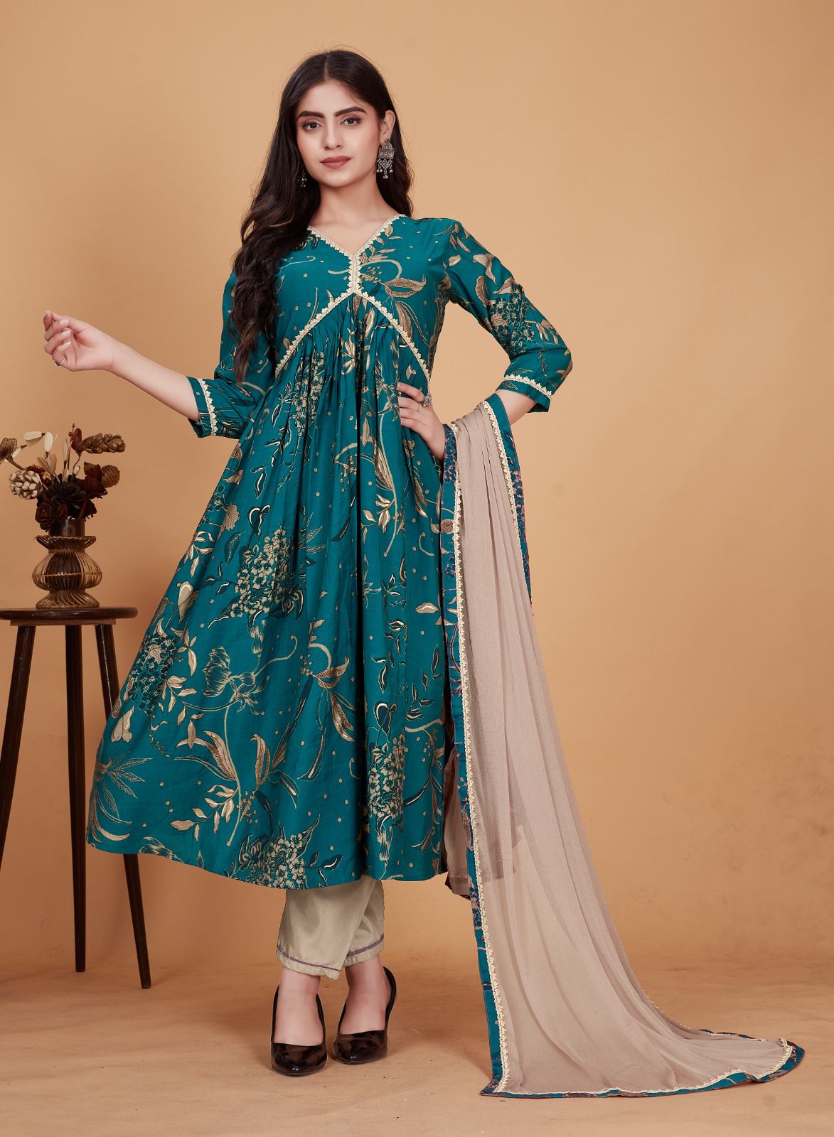 Innovative Teal Green Color Pure Viscose Chanderi Mill Printed Wedding Wear Anarkali Suit