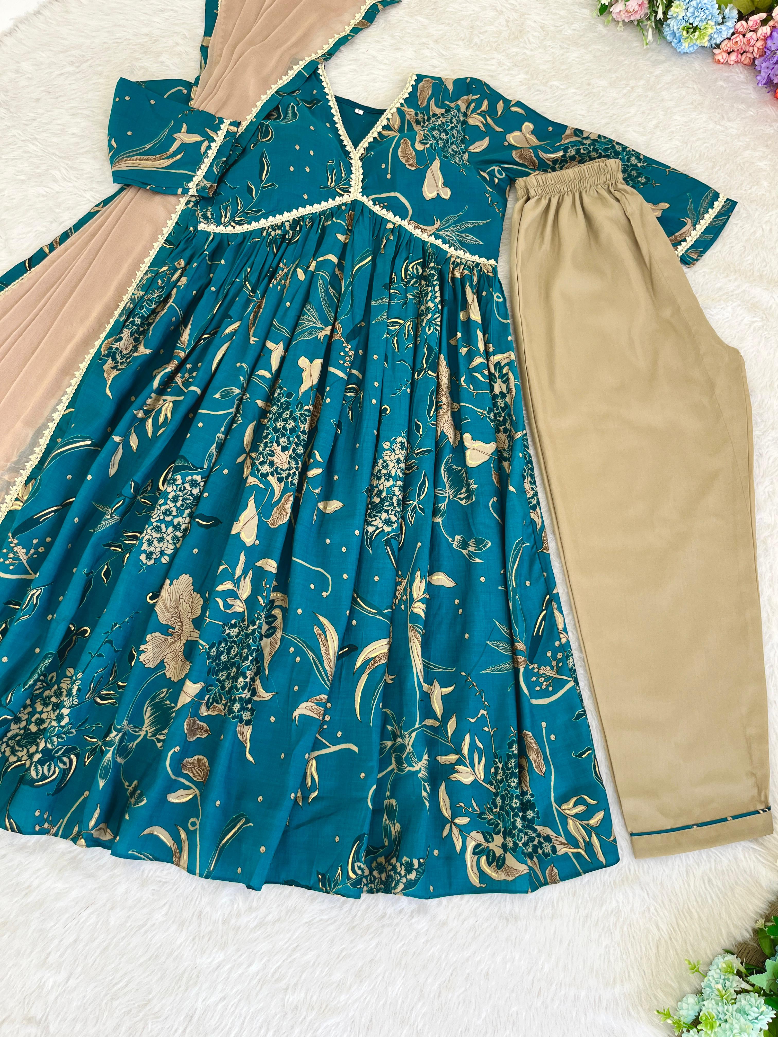 Innovative Teal Green Color Pure Viscose Chanderi Mill Printed Wedding Wear Anarkali Suit