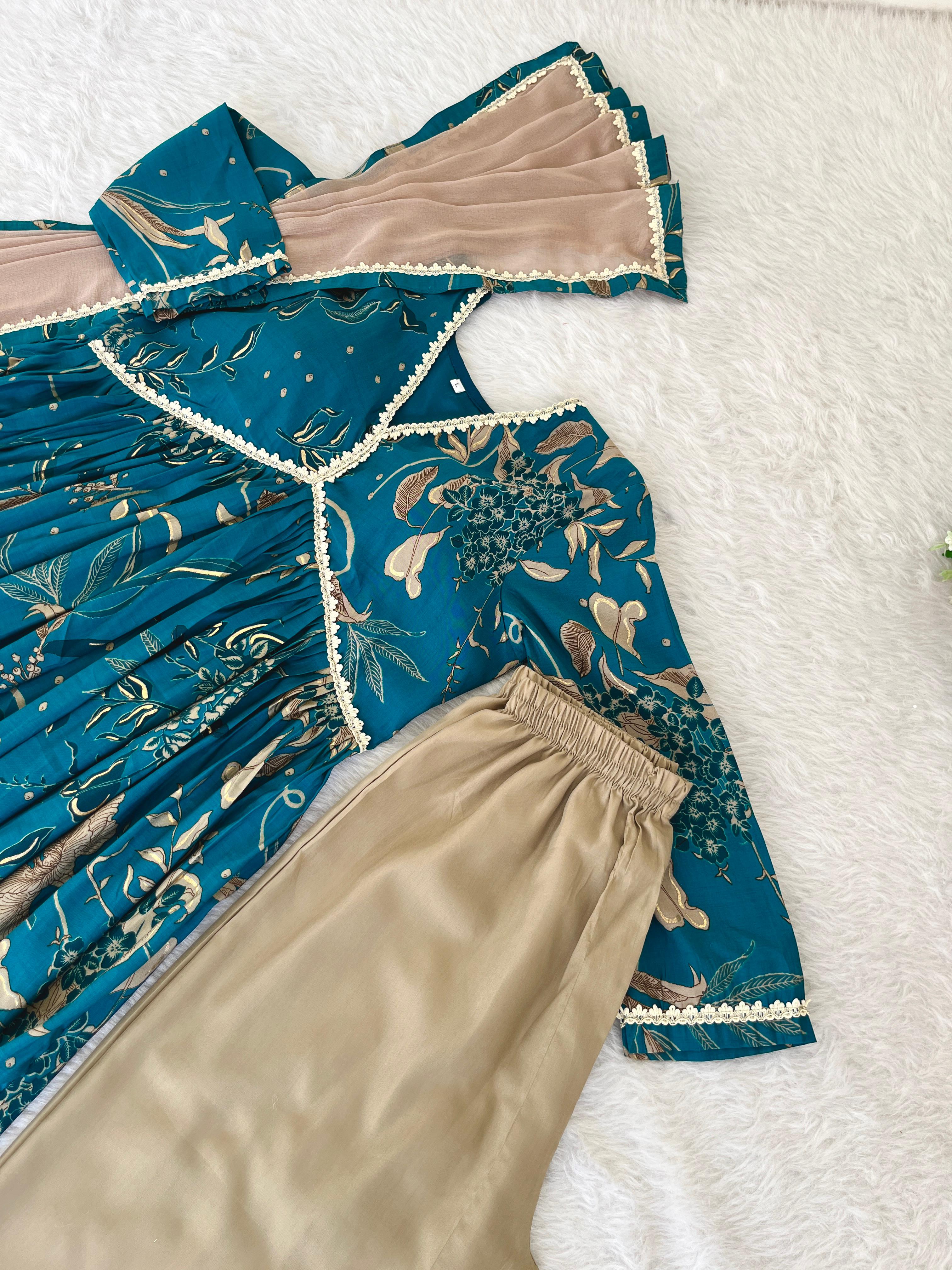 Innovative Teal Green Color Pure Viscose Chanderi Mill Printed Wedding Wear Anarkali Suit