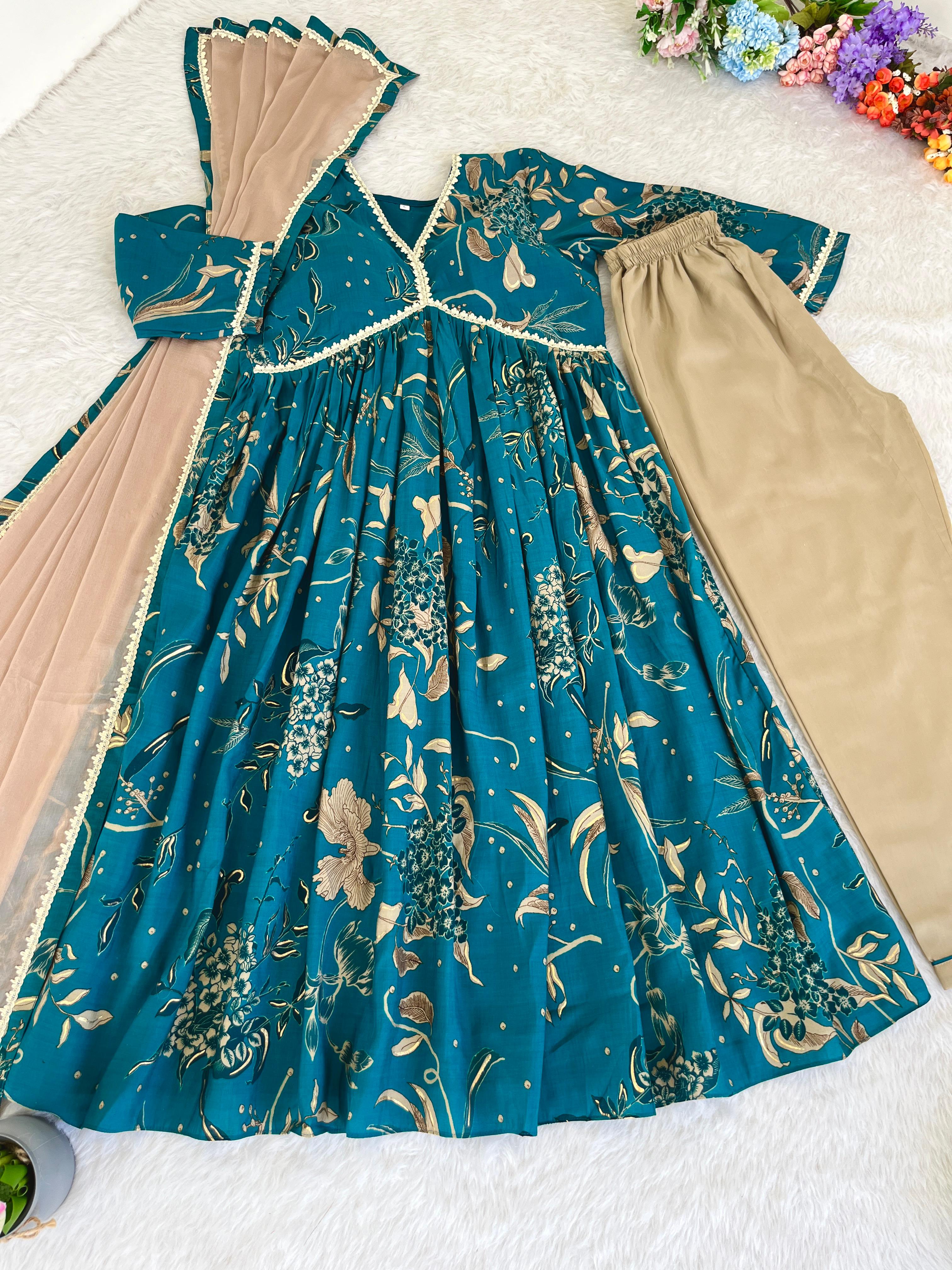 Innovative Teal Green Color Pure Viscose Chanderi Mill Printed Wedding Wear Anarkali Suit