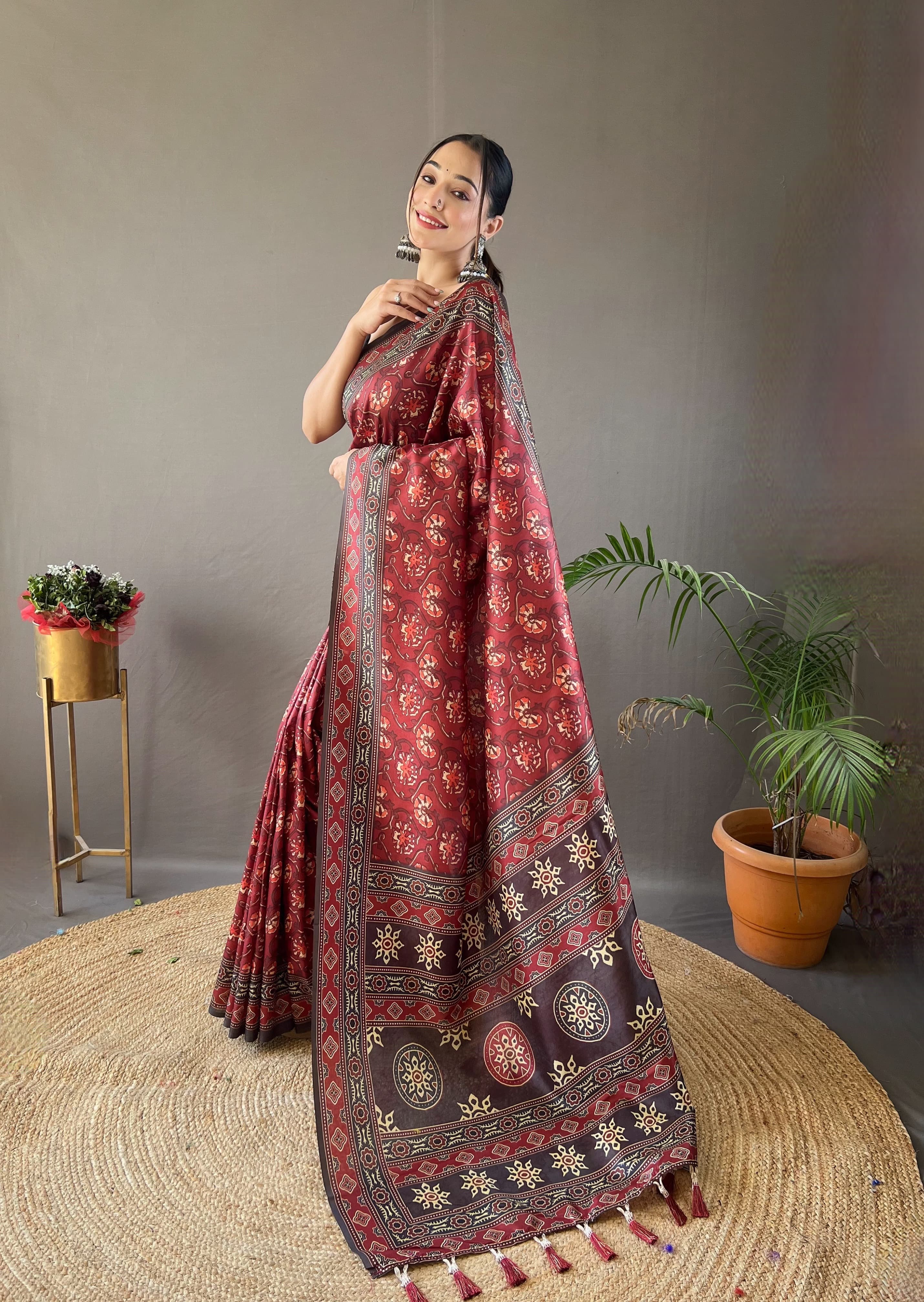 Formal Wear Dark Maroon Color Digital Printed Semi Silk Weaves Designer Saree