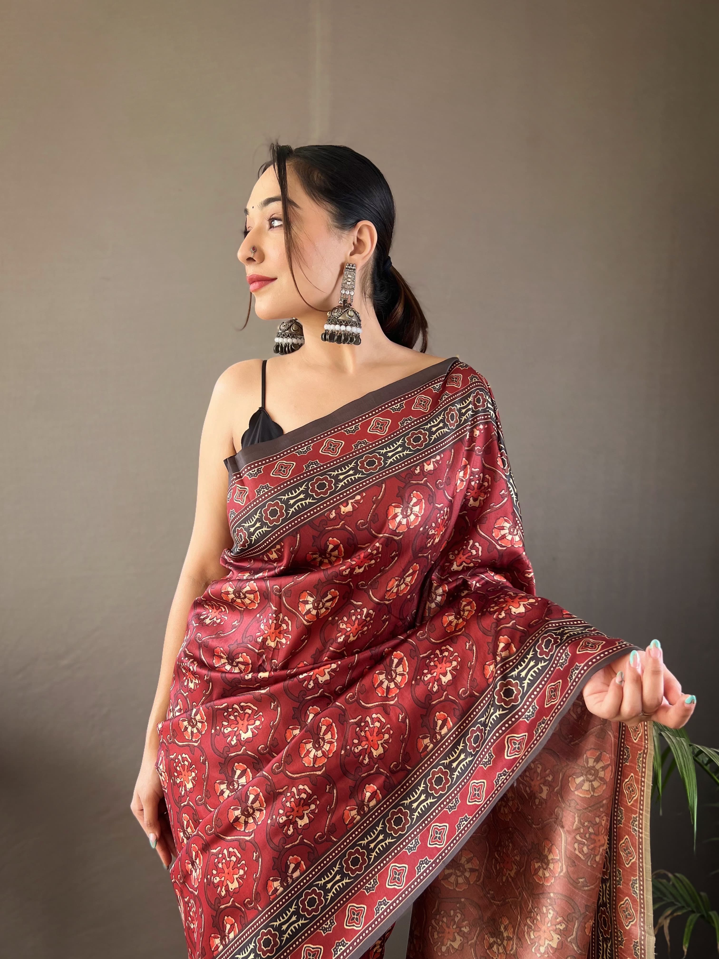 Formal Wear Dark Maroon Color Digital Printed Semi Silk Weaves Designer Saree