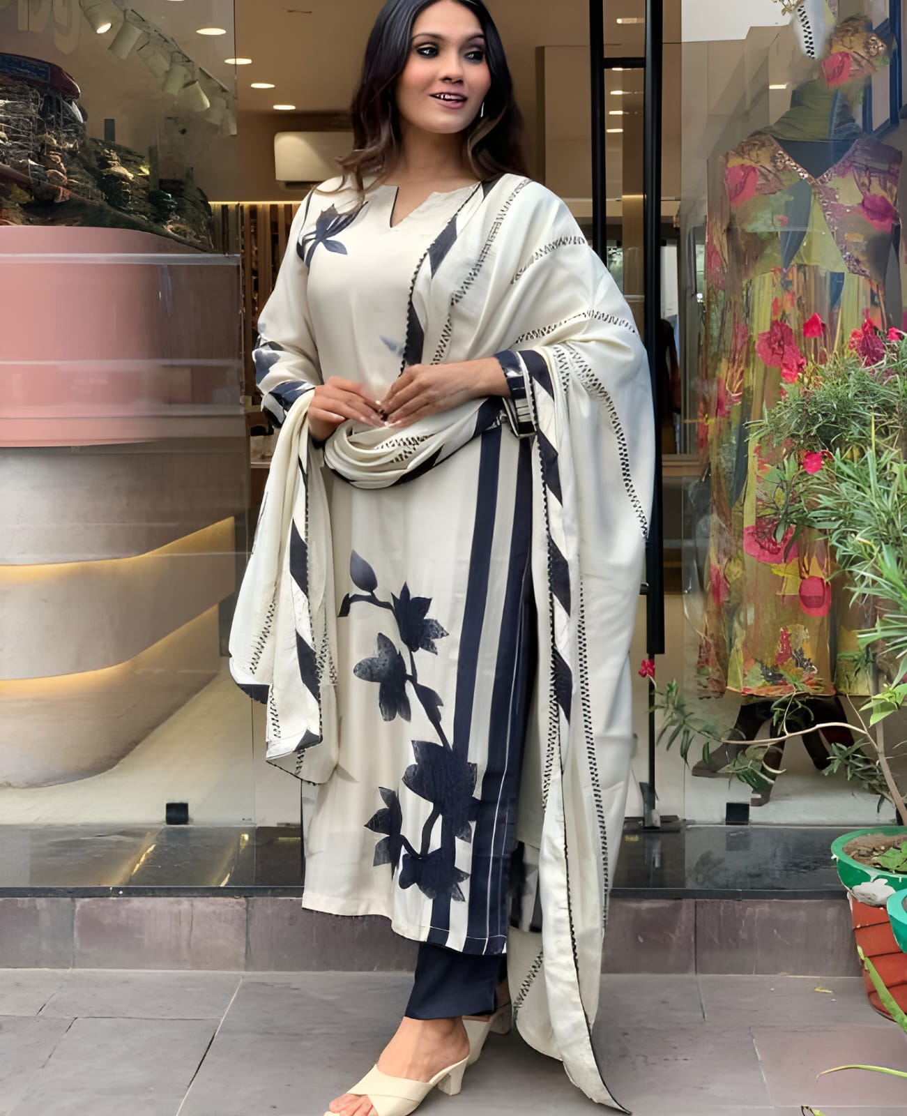 Party Wear White And Black Color Muslin With Printed Work Kurta Set