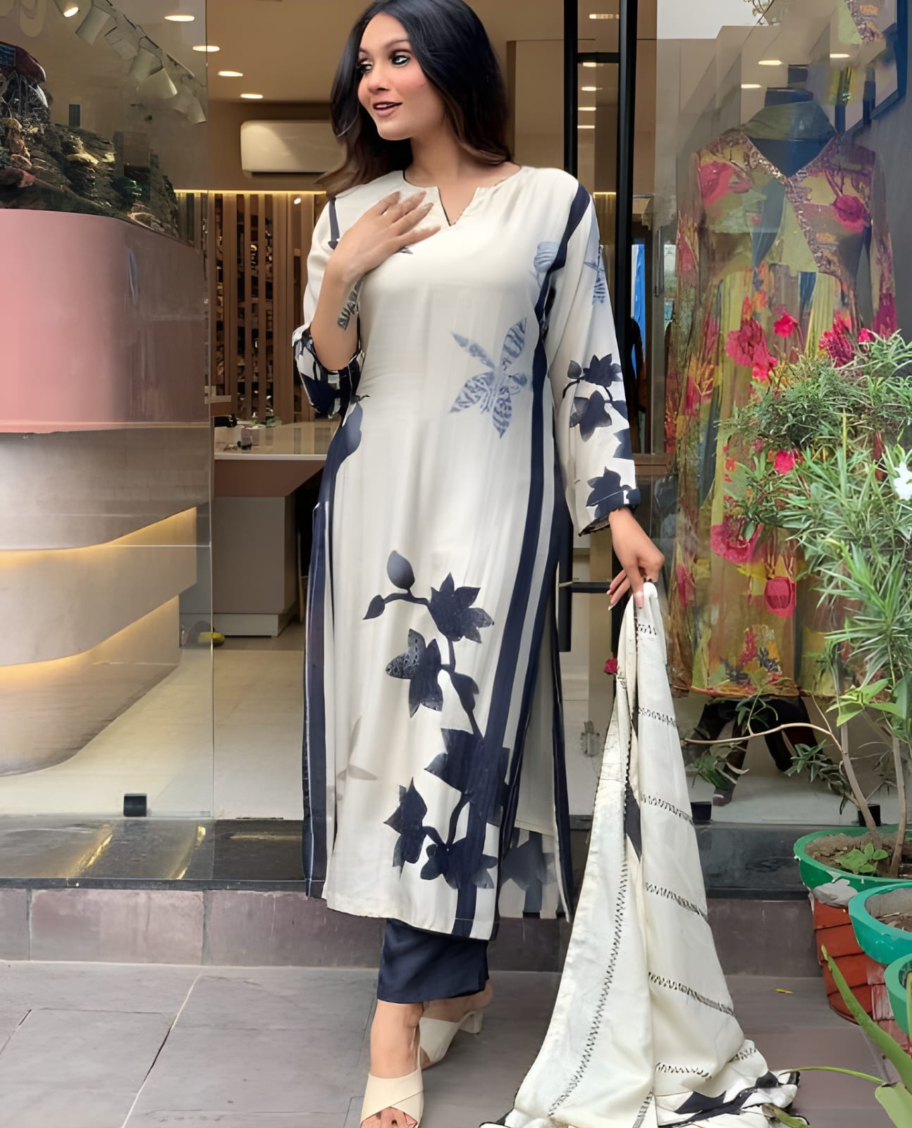 Party Wear White And Black Color Muslin With Printed Work Kurta Set