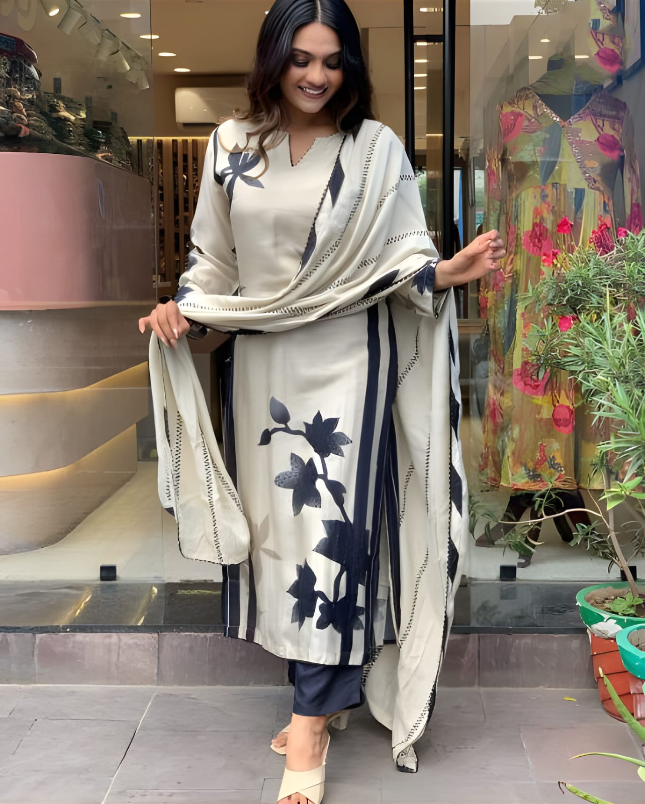 Party Wear White And Black Color Muslin With Printed Work Kurta Set