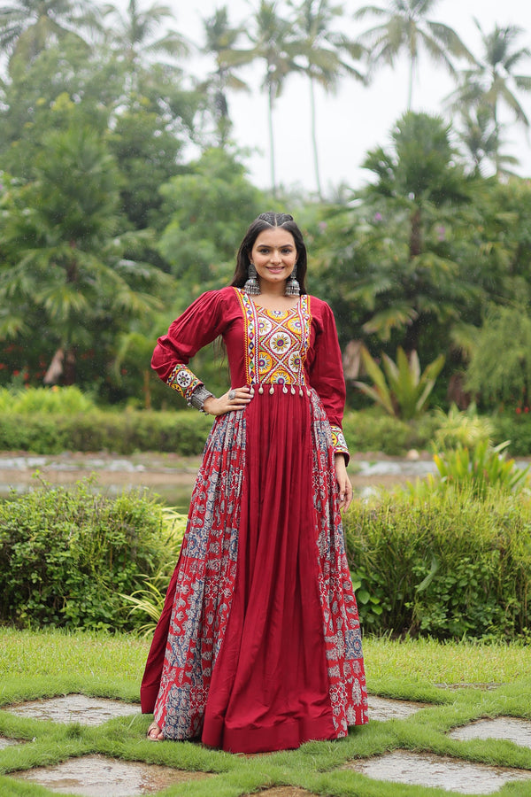 Navratri Style Maroon Color Rayon With Kutchi Gamthi Work Designer Gown