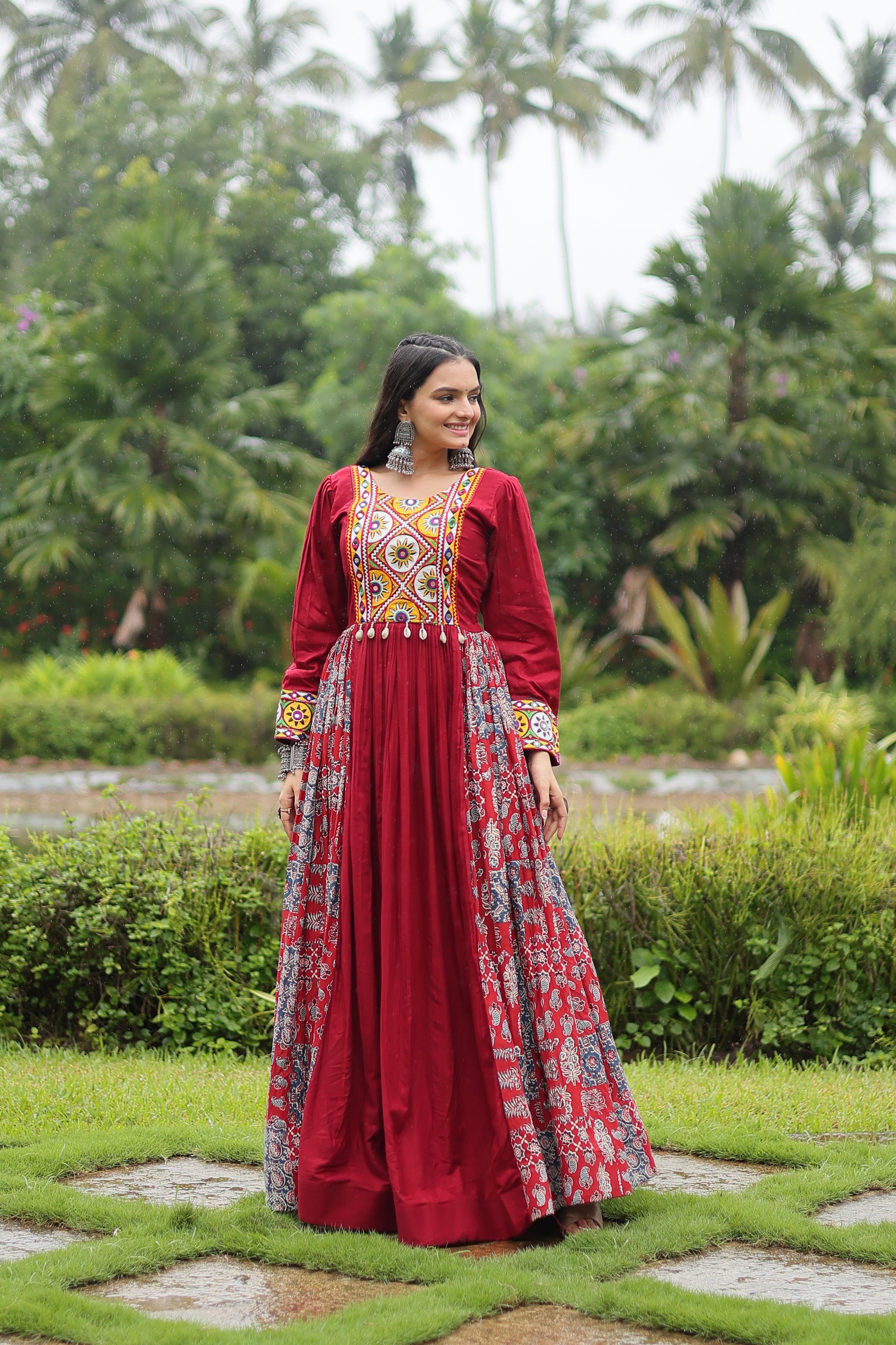 Navratri Style Maroon Color Rayon With Kutchi Gamthi Work Designer Gown