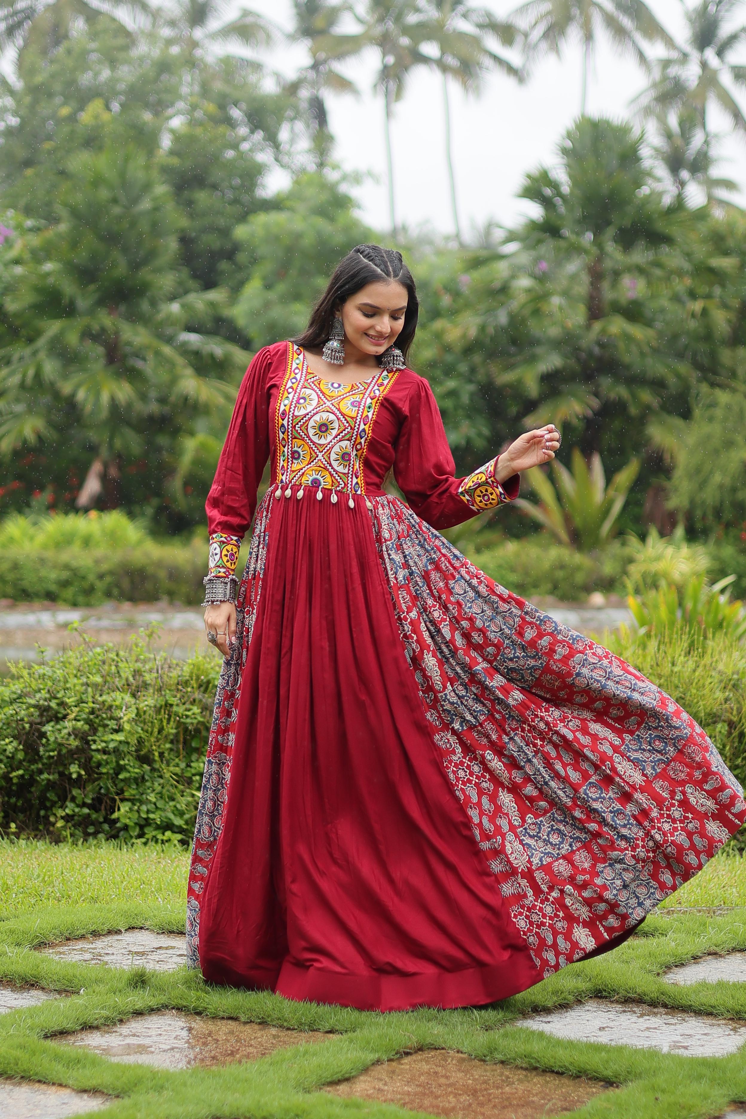 Navratri Style Maroon Color Rayon With Kutchi Gamthi Work Designer Gown