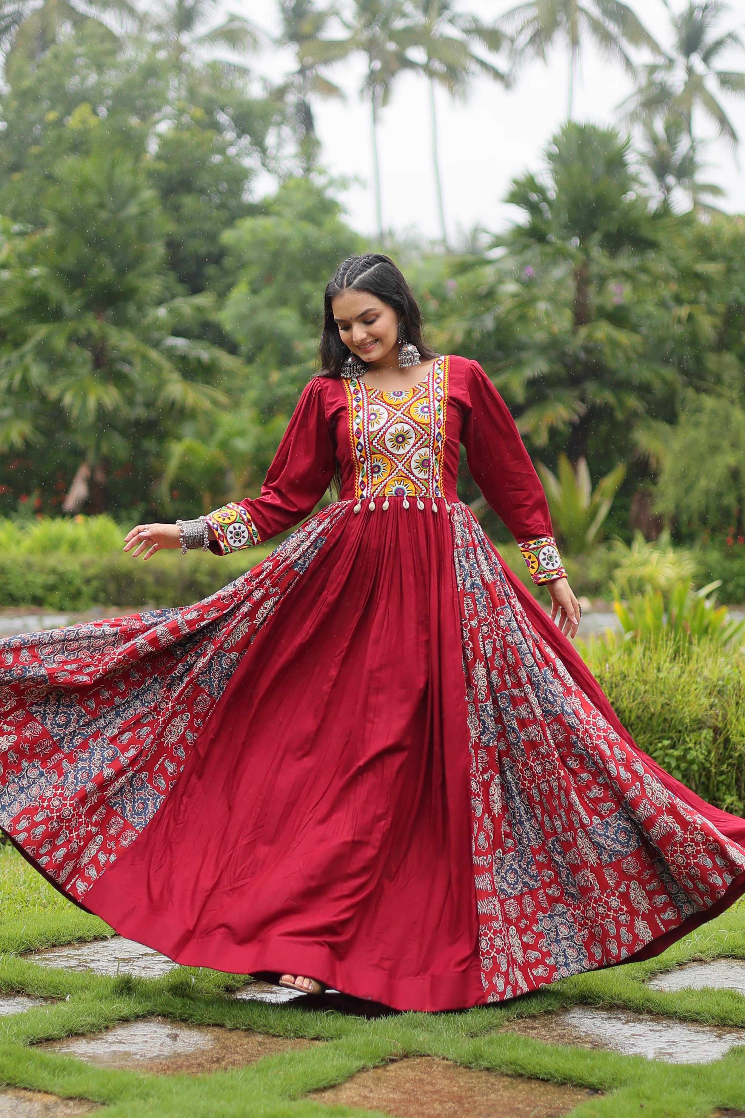 Navratri Style Maroon Color Rayon With Kutchi Gamthi Work Designer Gown