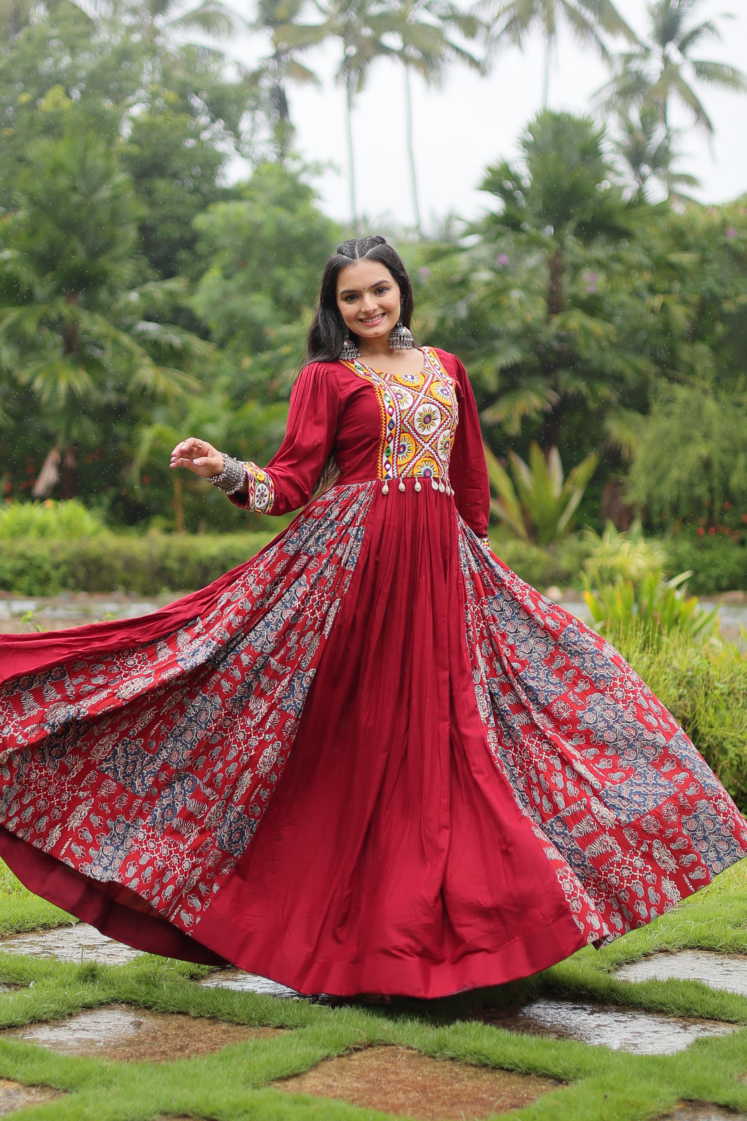 Navratri Style Maroon Color Rayon With Kutchi Gamthi Work Designer Gown