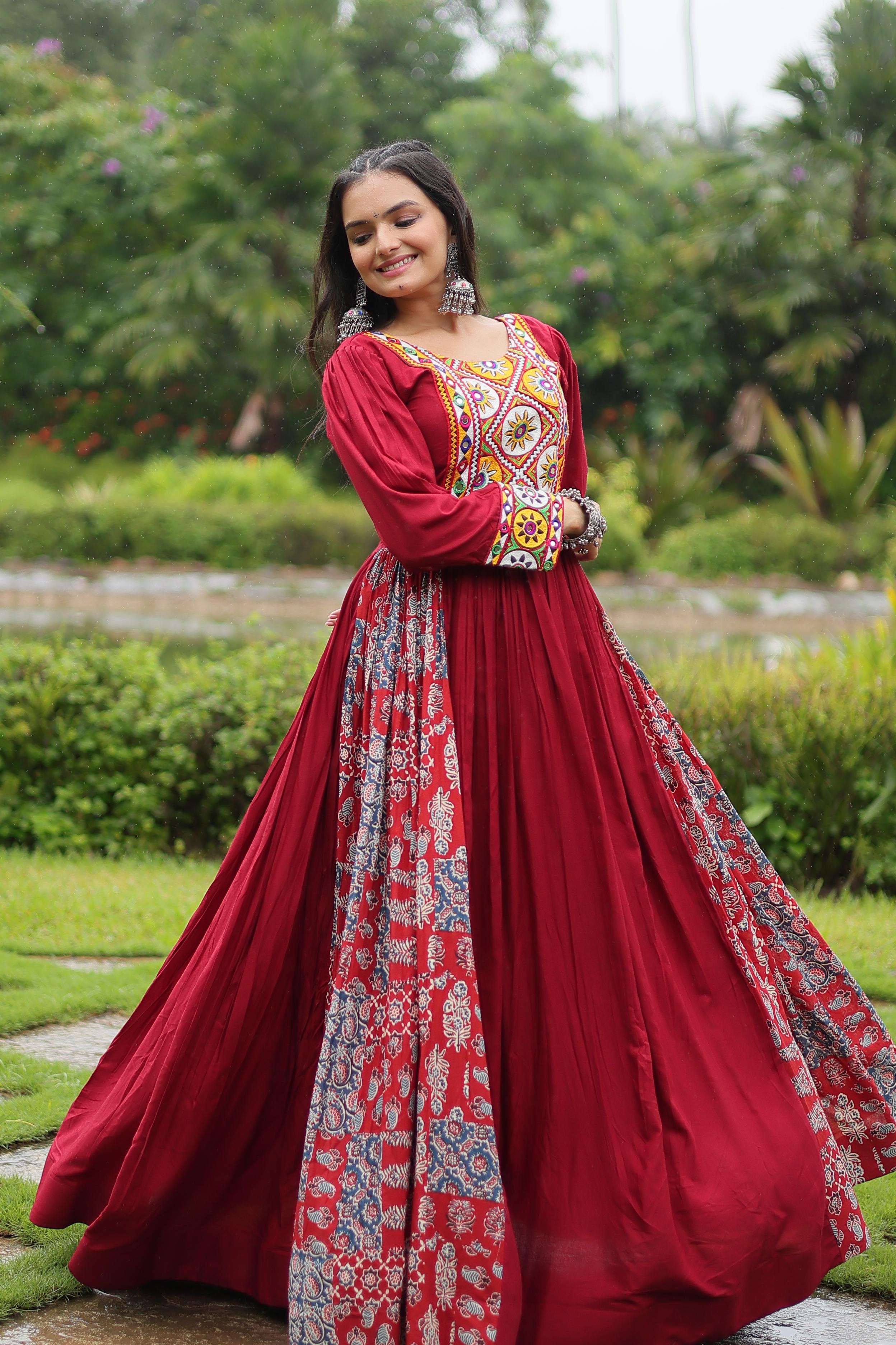 Navratri Style Maroon Color Rayon With Kutchi Gamthi Work Designer Gown