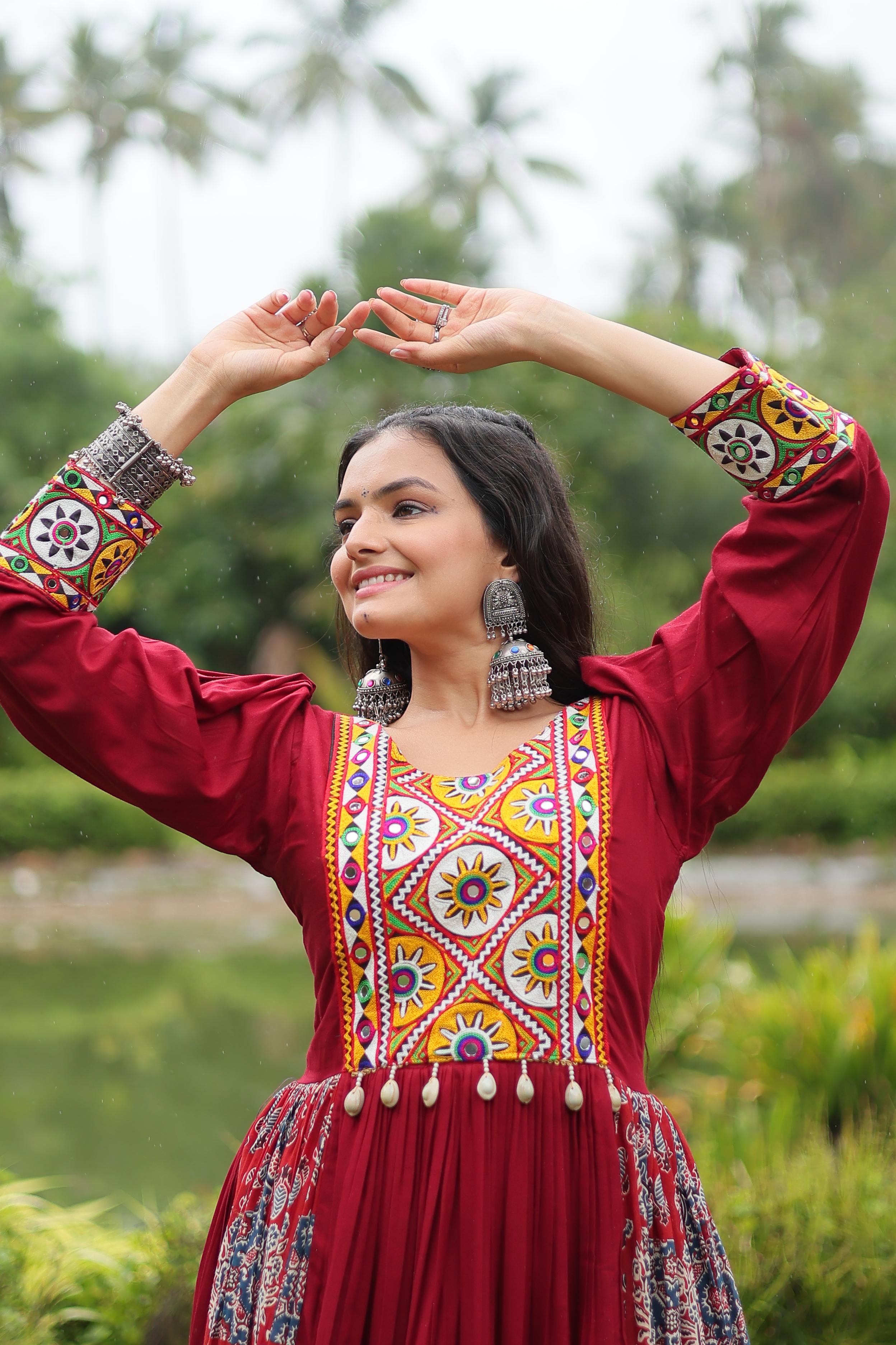 Navratri Style Maroon Color Rayon With Kutchi Gamthi Work Designer Gown